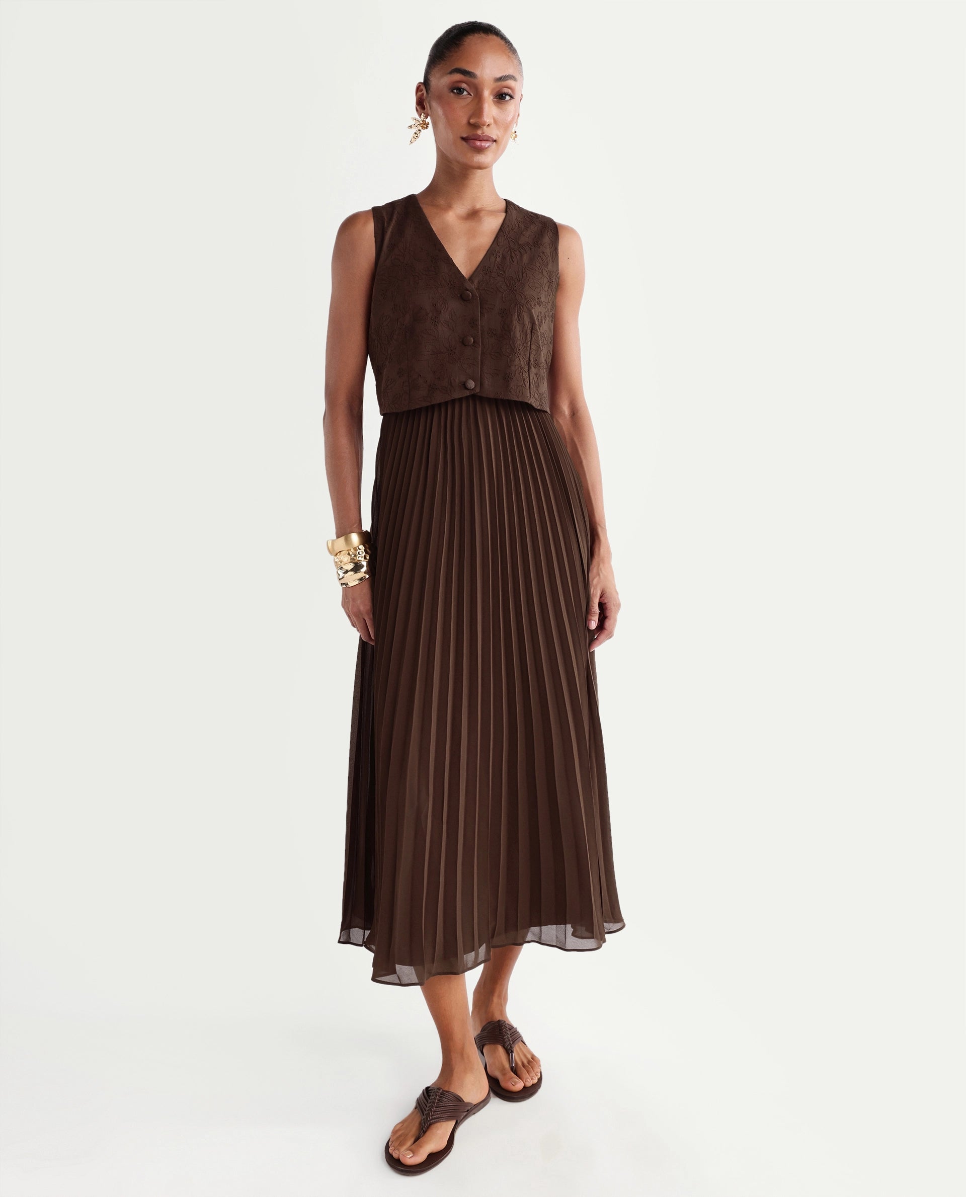 Rareism Women's Rudro Brown Self Design Cotton Blend Flared Sleeveless Dress