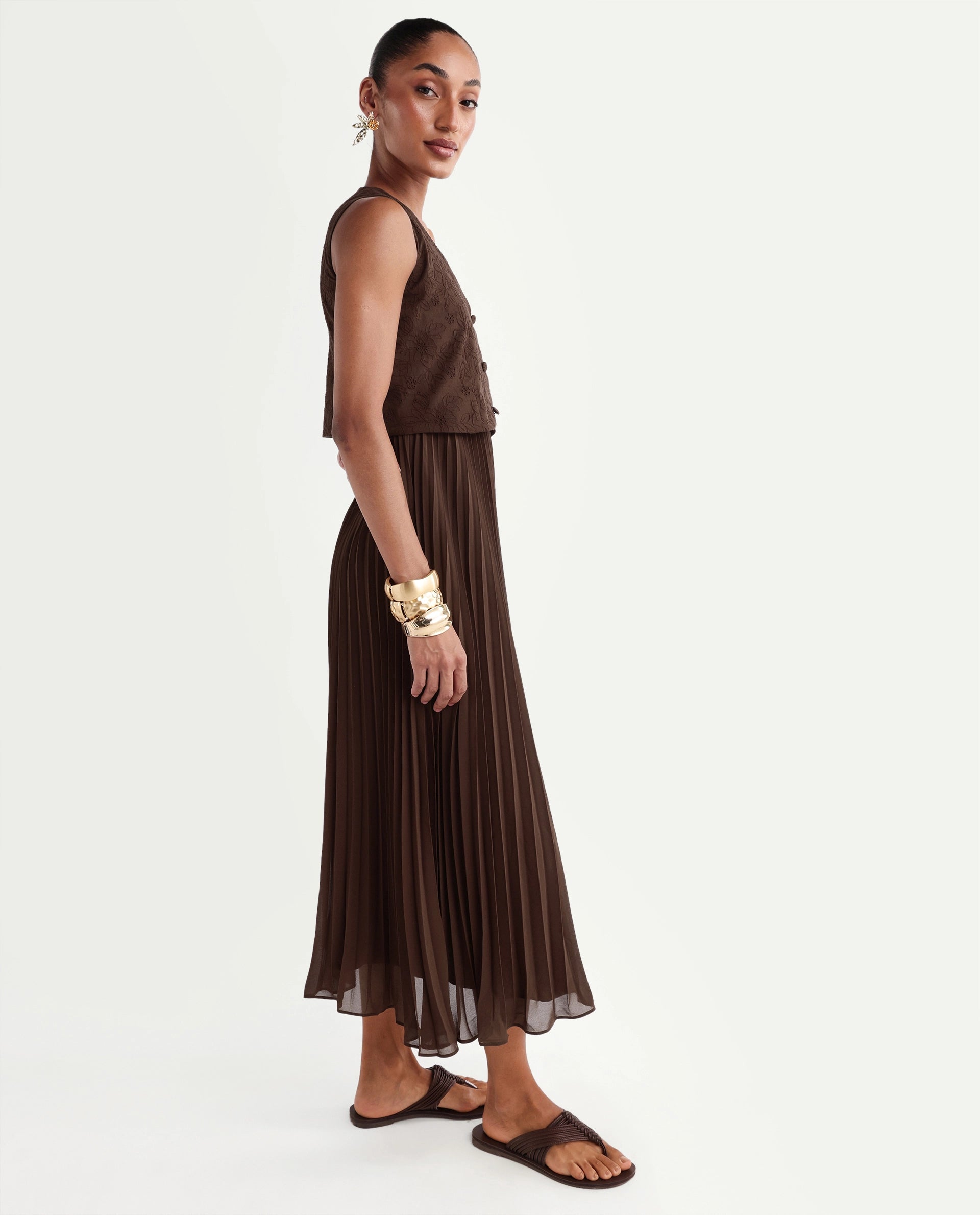 Rareism Women's Rudro Brown Self Design Cotton Blend Flared Sleeveless Dress