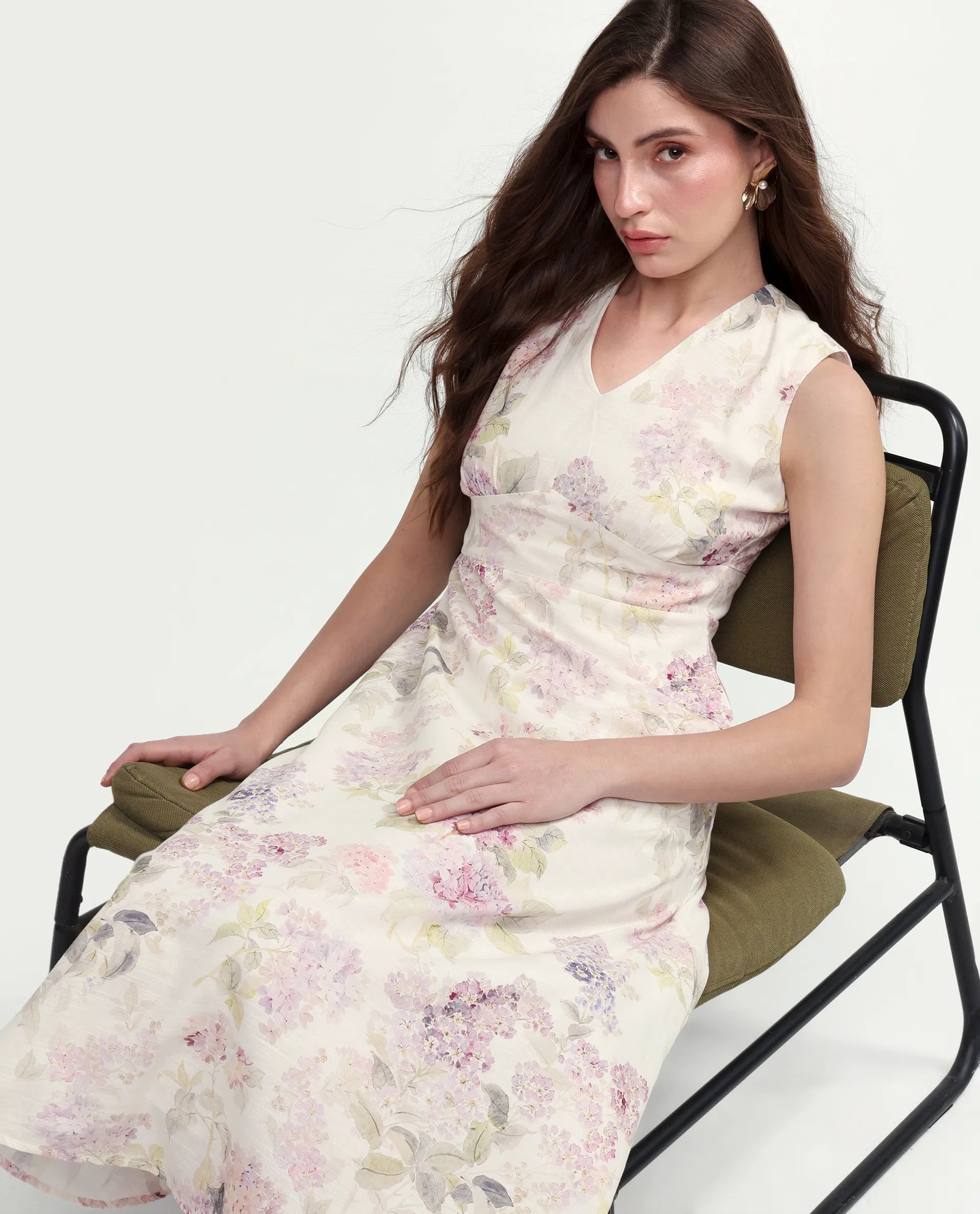 Rareism Women's Rugo Light Beige Cotton V-Neck A-Line Floral Print Dress