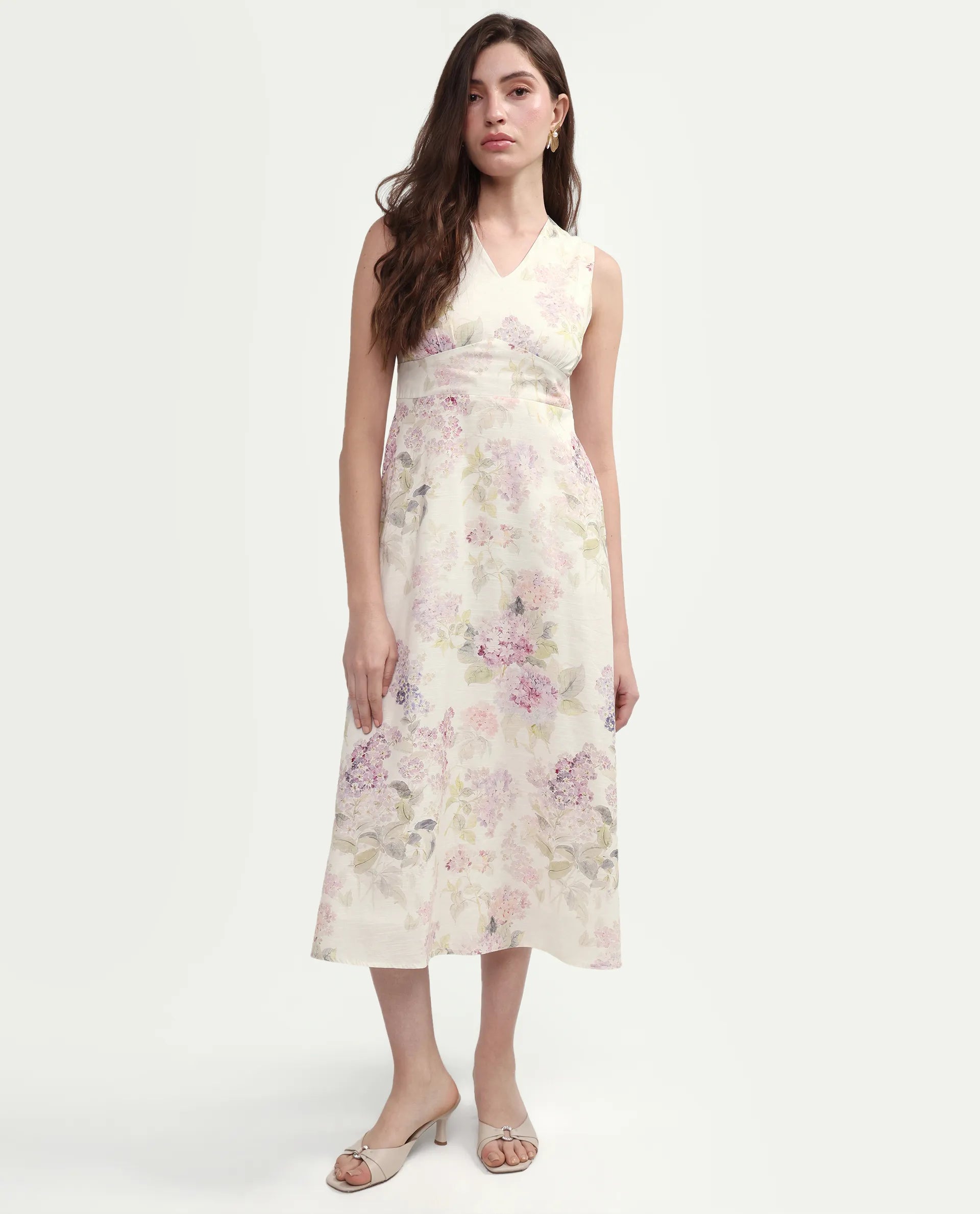 Rareism Women's Rugo Light Beige Cotton V-Neck A-Line Floral Print Dress