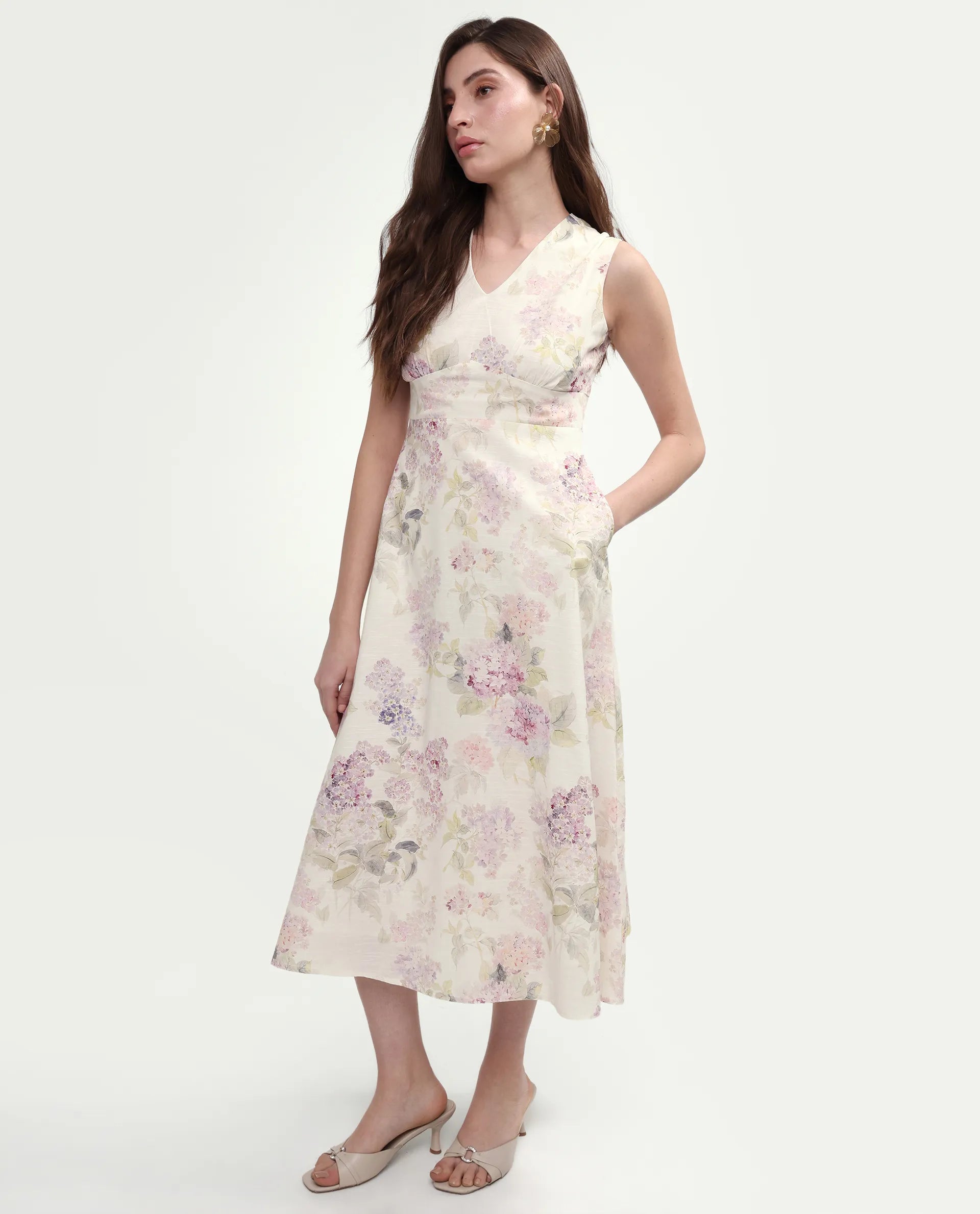 Rareism Women's Rugo Light Beige Cotton V-Neck A-Line Floral Print Dress