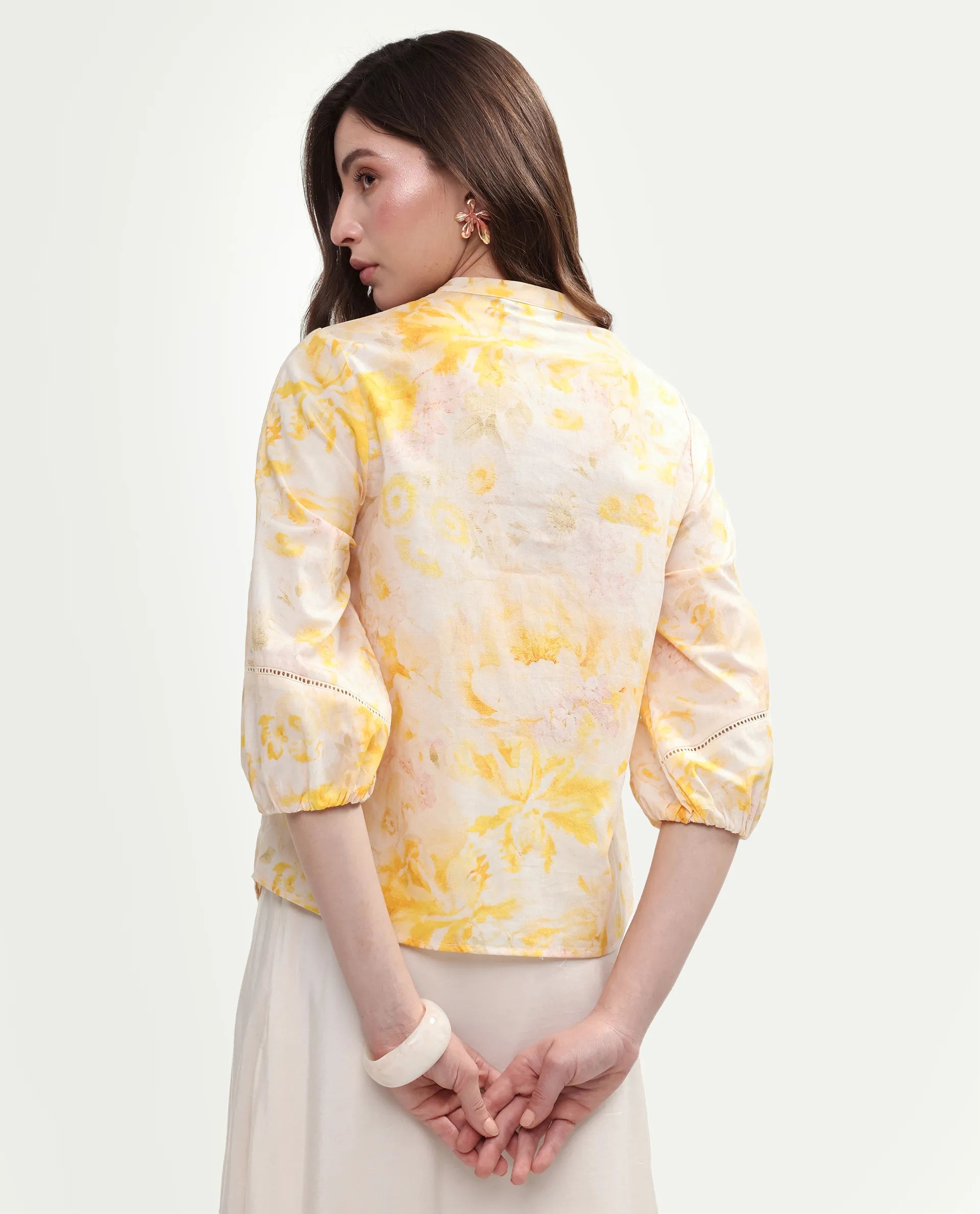 Rareism Women's Runes Yellow Cotton Band Collar Regular Floral Print Top