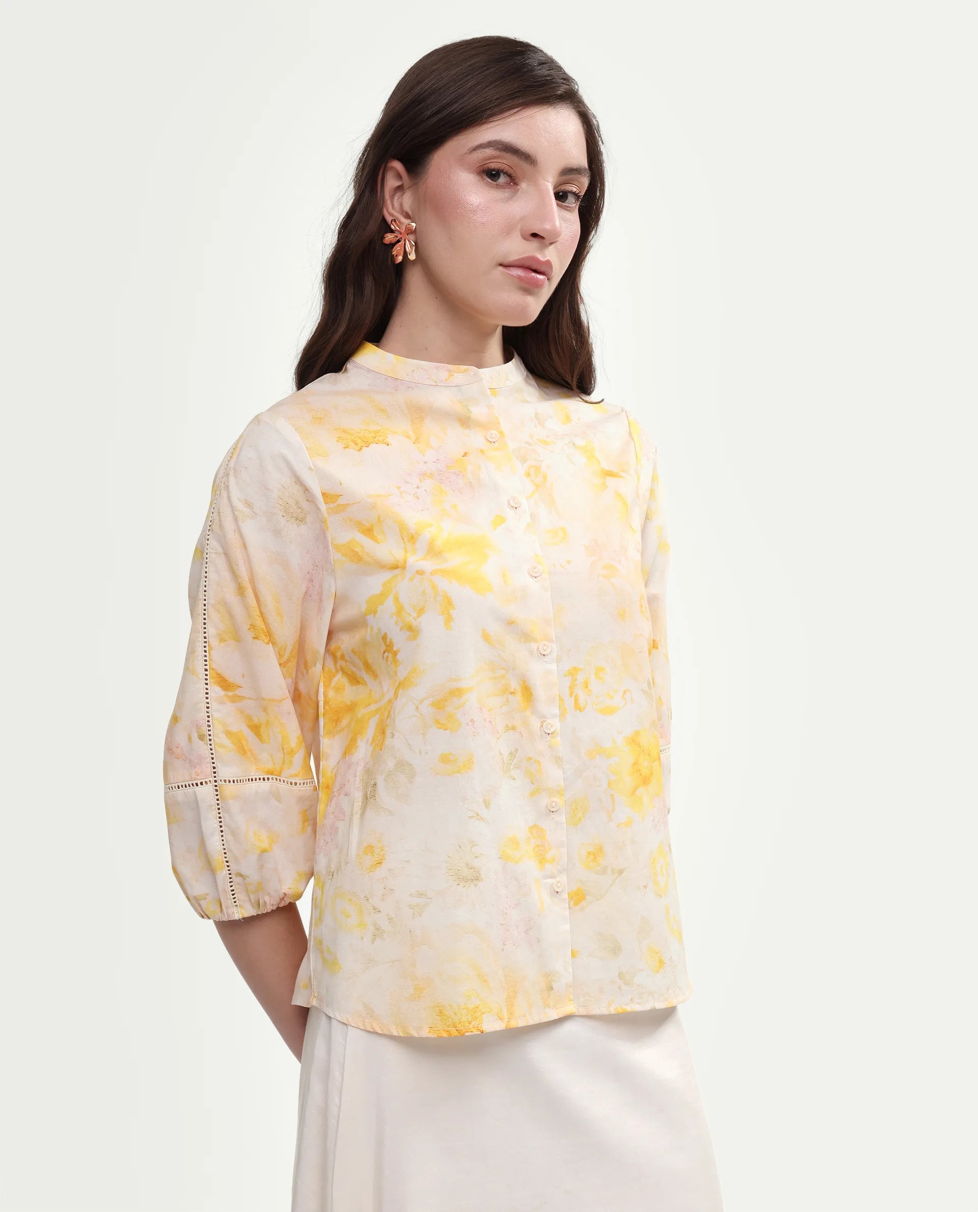 Rareism Women's Runes Yellow Cotton Band Collar Regular Floral Print Top