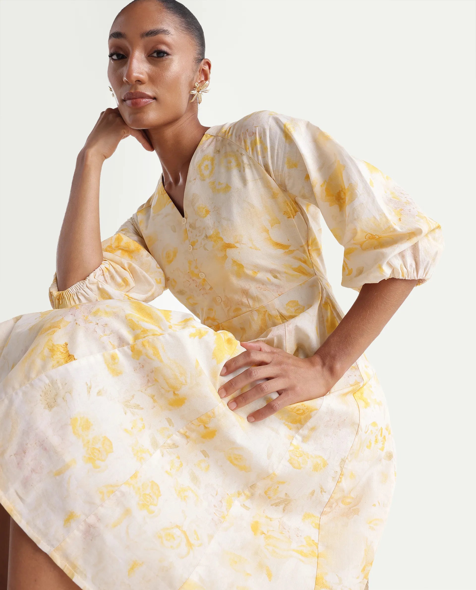 Rareism Women's Runet Yellow Cotton Fabric V-Neck Fit And Flare Floral Print Dress