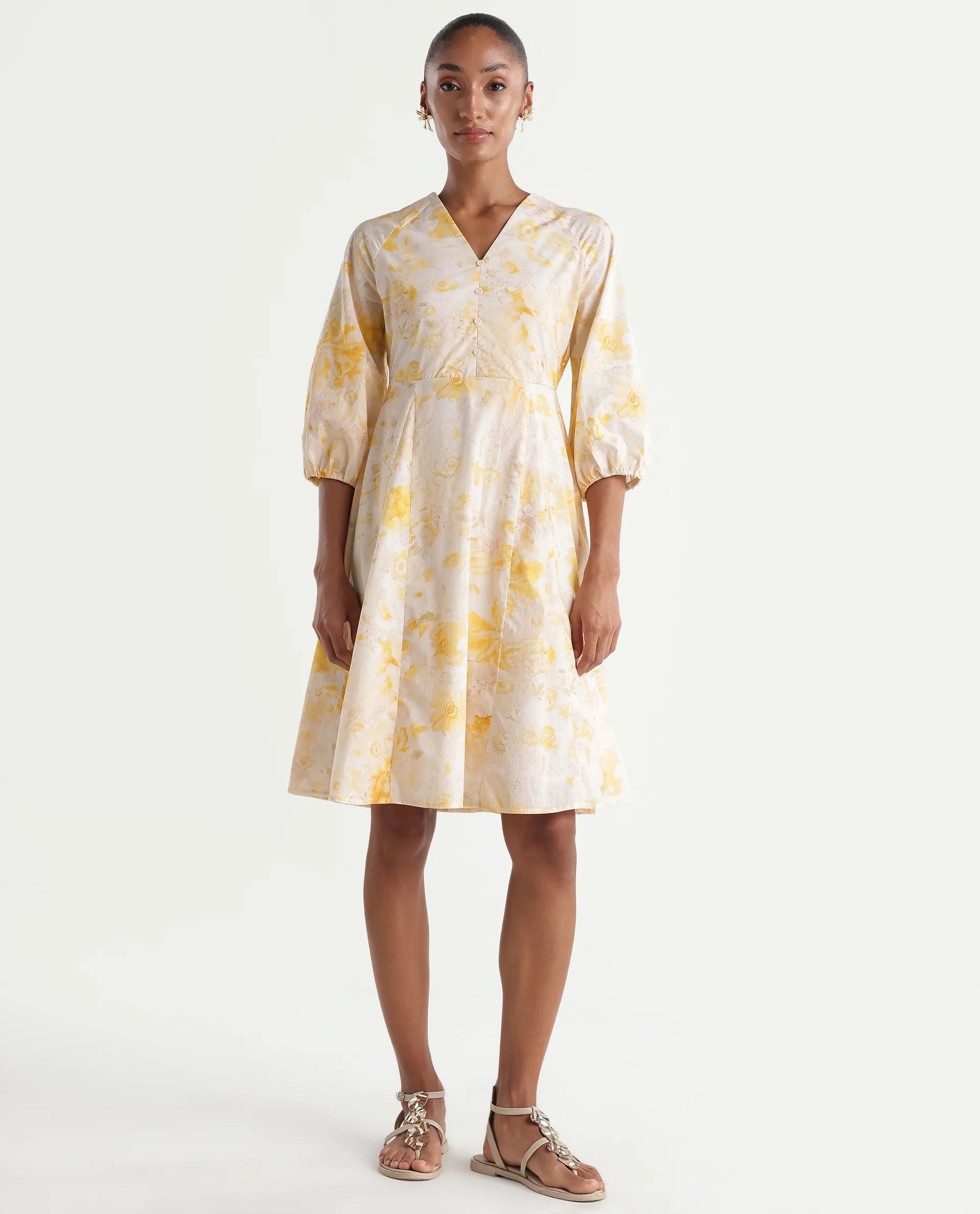 Rareism Women's Runet Yellow Cotton Fabric V-Neck Fit And Flare Floral Print Dress