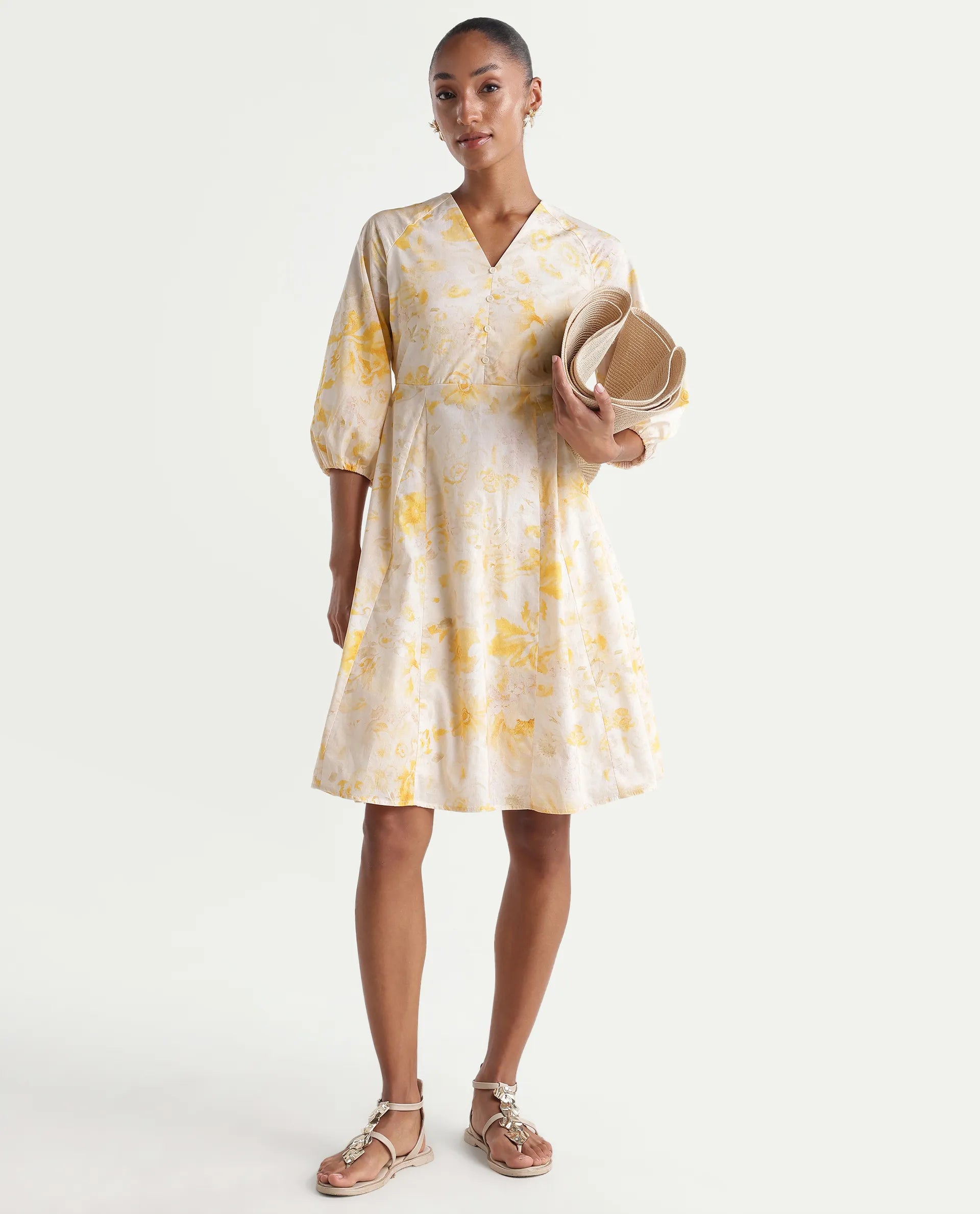 Rareism Women's Runet Yellow Cotton Fabric V-Neck Fit And Flare Floral Print Dress