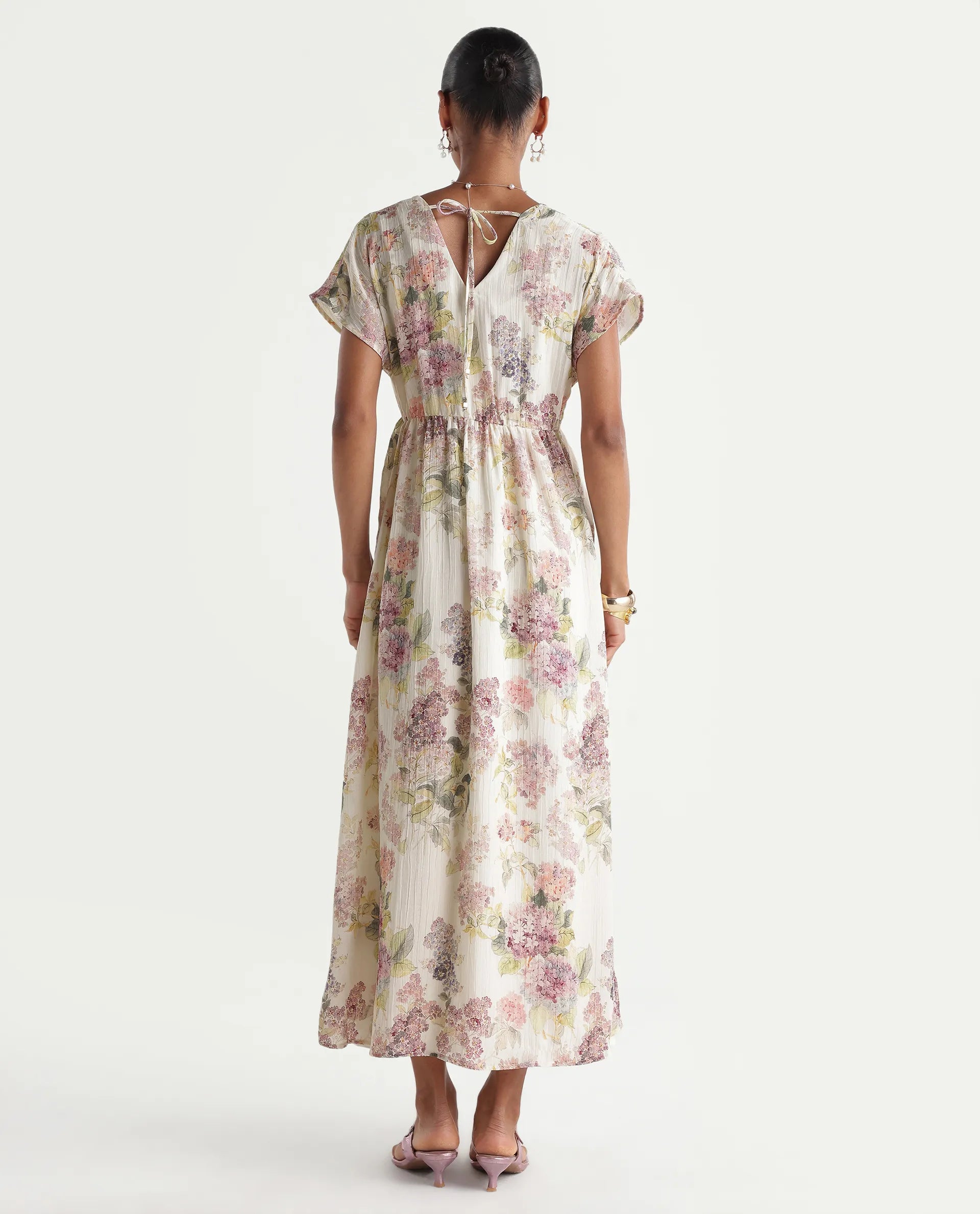 Rareism Women's Runim Light Beige Polyester V-Neck Fit And Flare Floral Print Dress