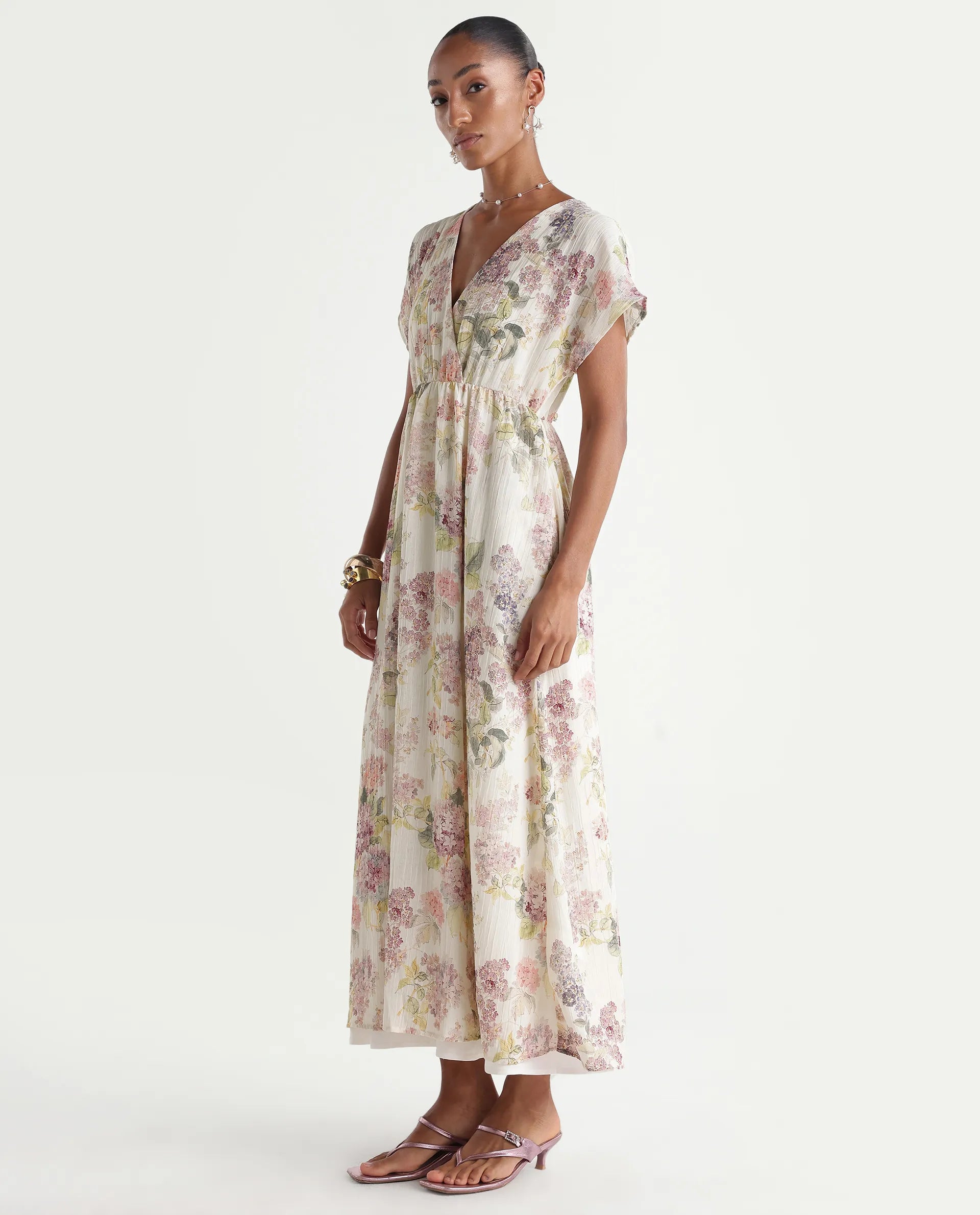 Rareism Women's Runim Light Beige Polyester V-Neck Fit And Flare Floral Print Dress