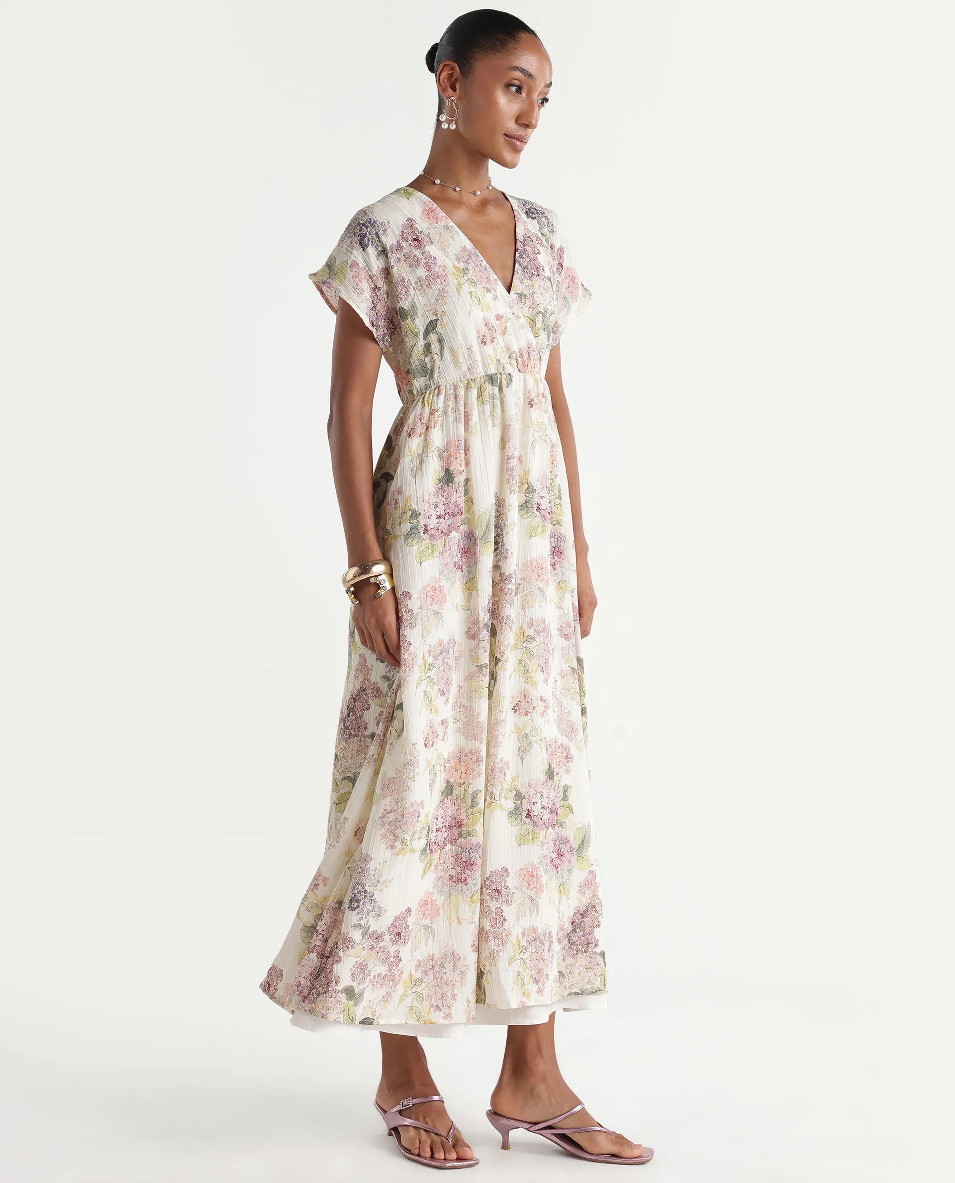 Rareism Women's Runim Light Beige Polyester V-Neck Fit And Flare Floral Print Dress