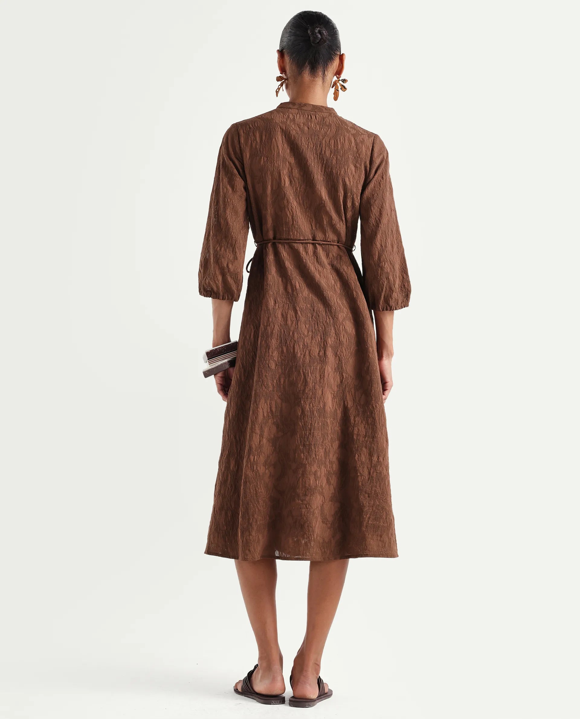 Rareism Women's Runol Brown Viscose Blend Band Collar A-Line Jacquard Dress