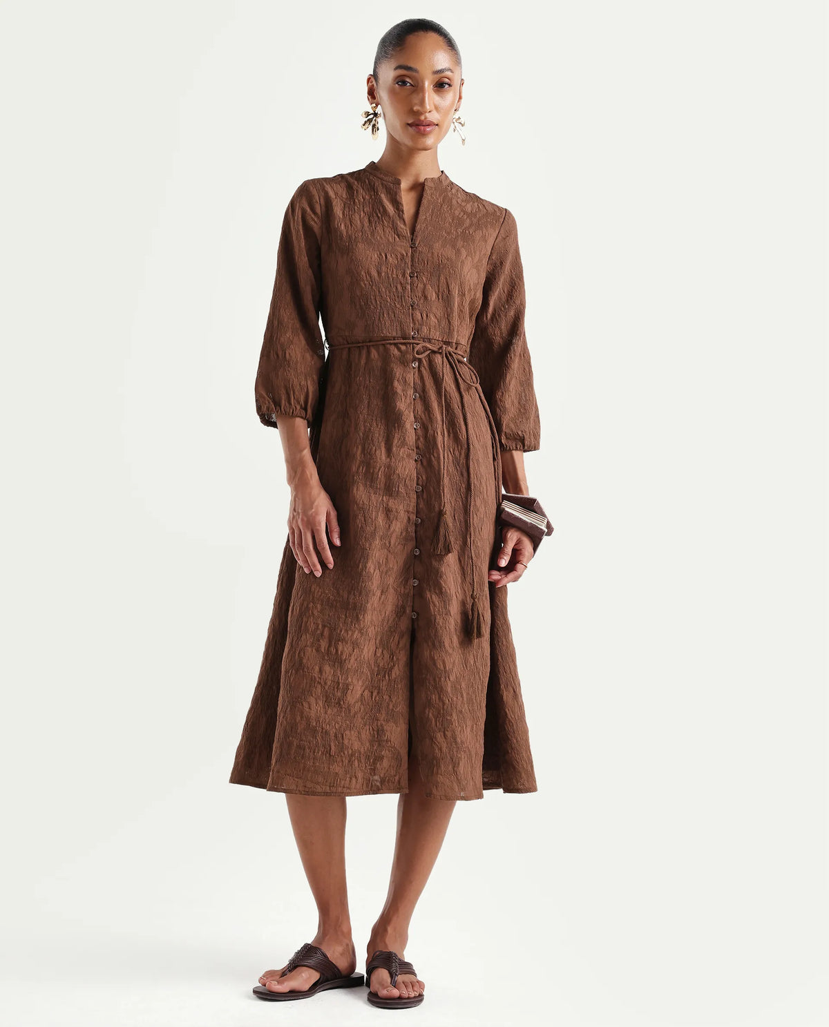 Rareism Women's Runol Brown Viscose Blend Band Collar A-Line Jacquard Dress