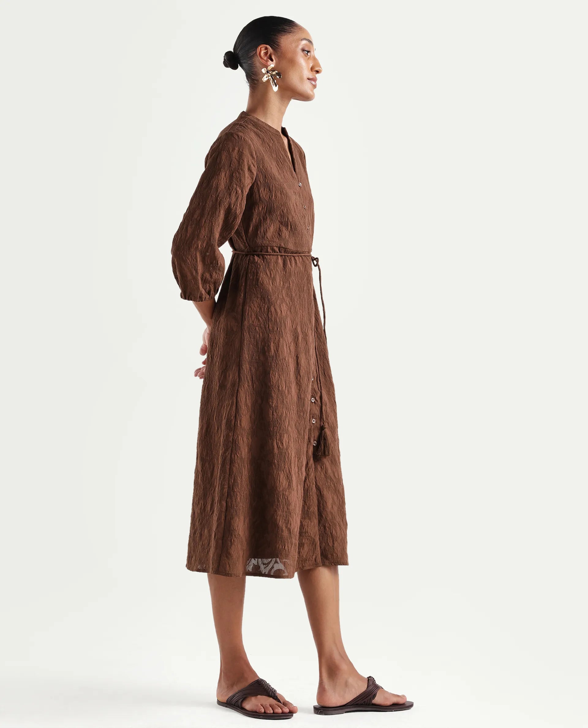 Rareism Women's Runol Brown Viscose Blend Band Collar A-Line Jacquard Dress