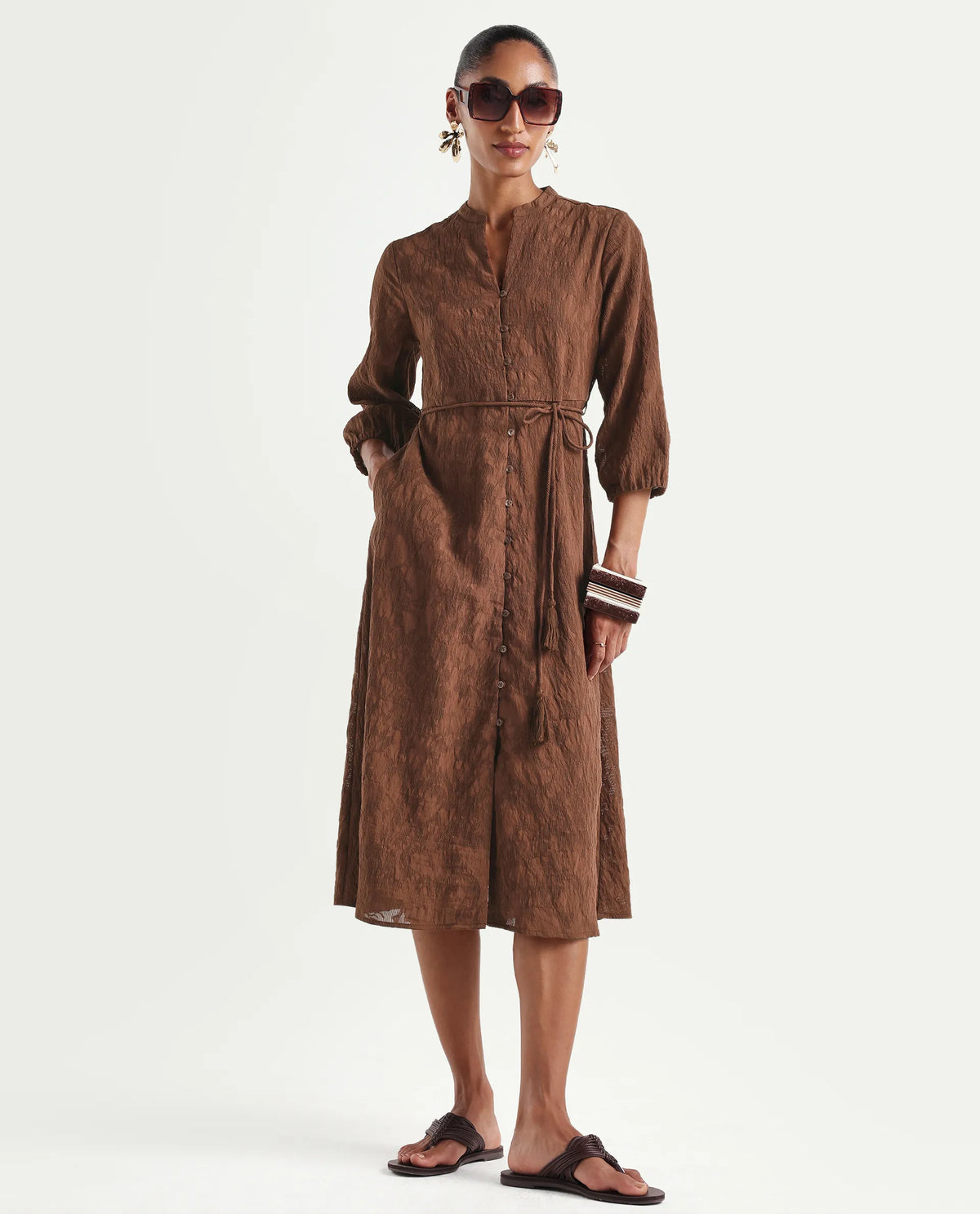 Rareism Women's Runol Brown Viscose Blend Band Collar A-Line Jacquard Dress