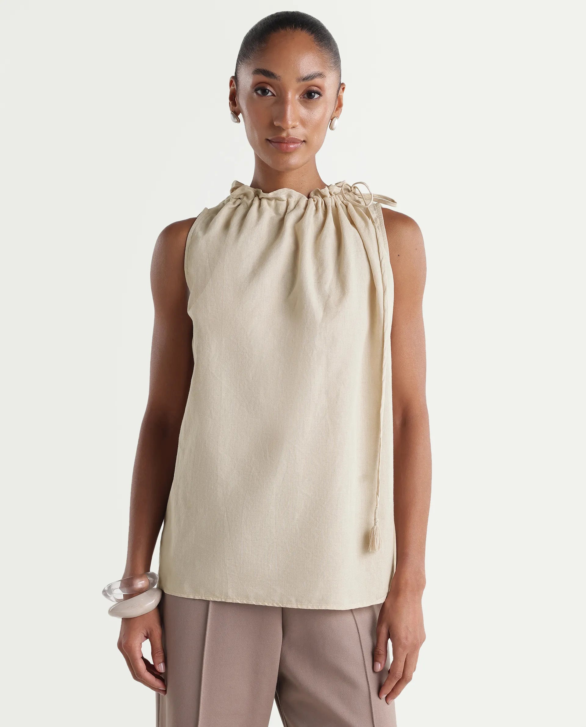 Rareism Women's Russo Beige Linen Blend Ruffled Neck Relaxed Plain Top