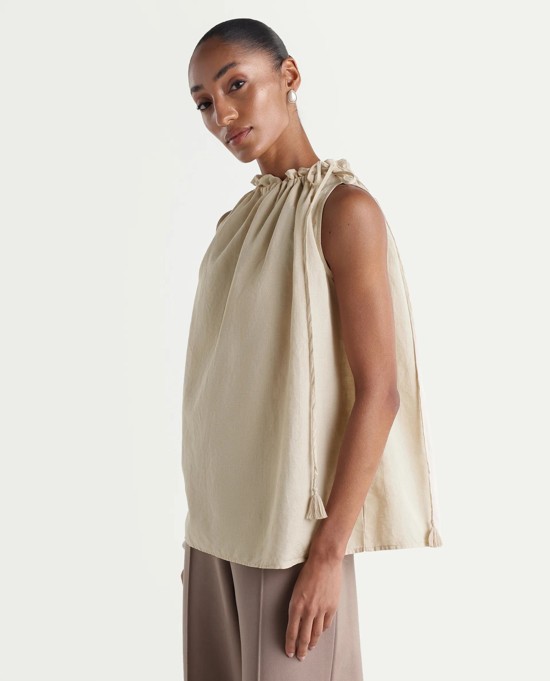 Rareism Women's Russo Beige Linen Blend Ruffled Neck Relaxed Plain Top