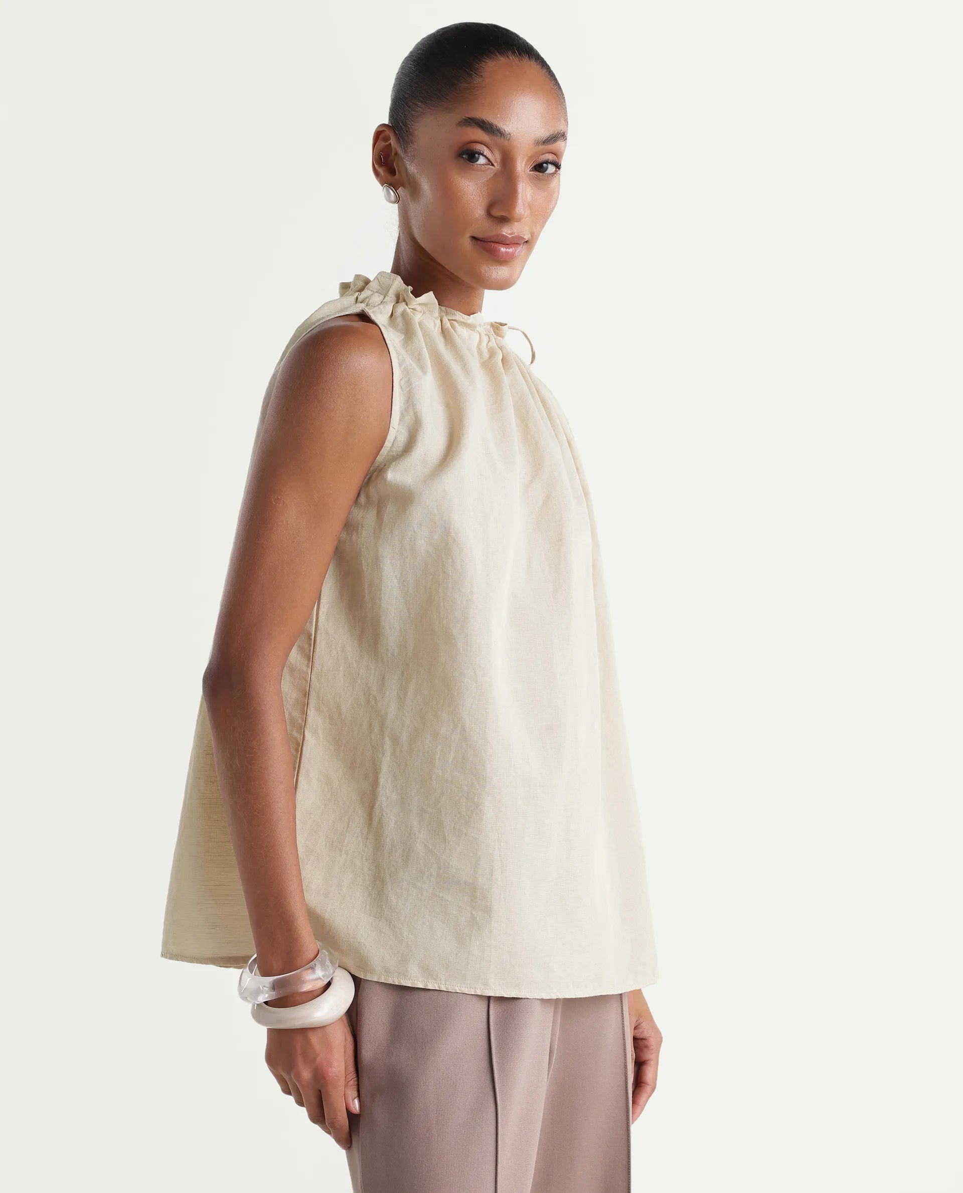 Rareism Women's Russo Beige Linen Blend Ruffled Neck Relaxed Plain Top