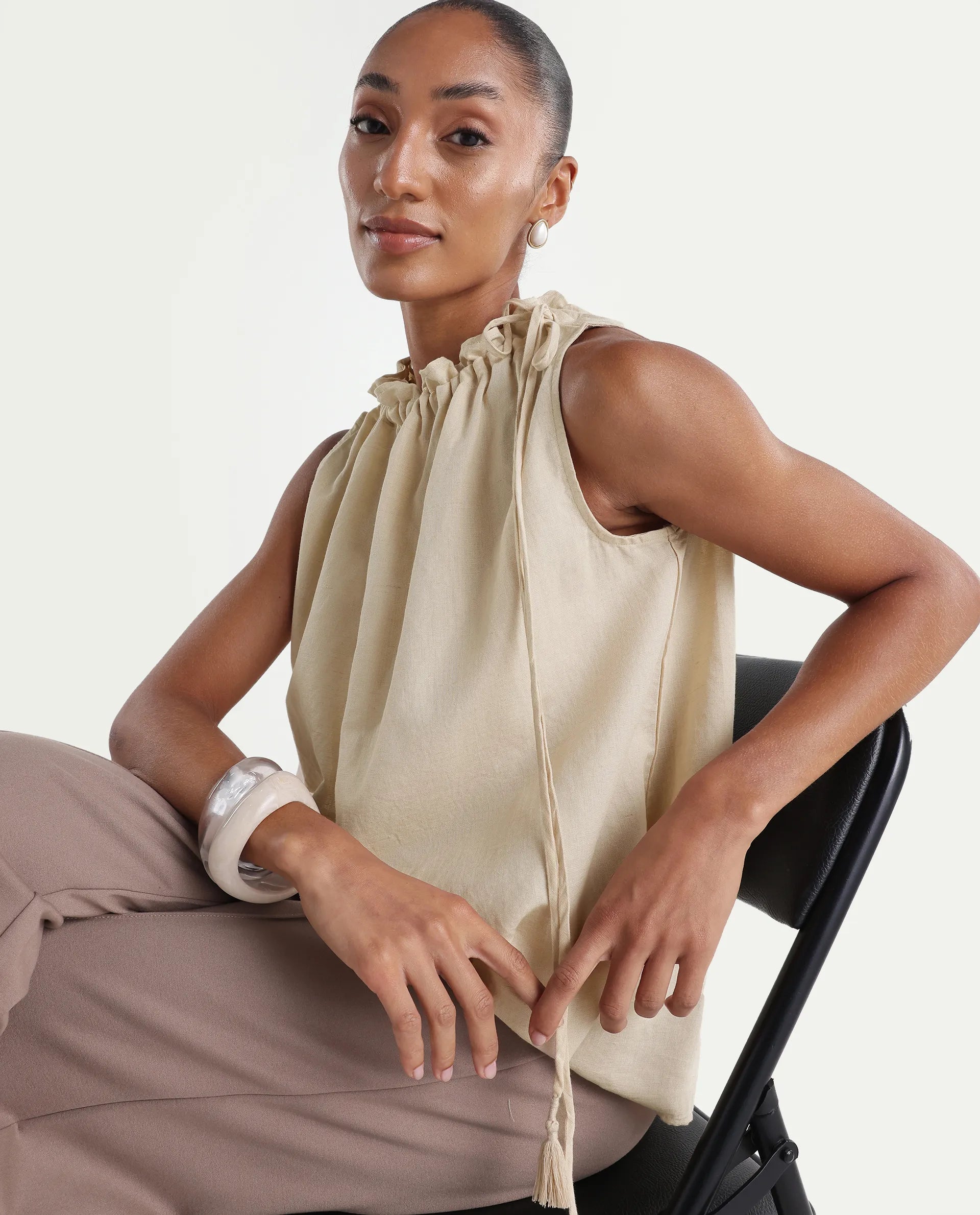 Rareism Women's Russo Beige Linen Blend Ruffled Neck Relaxed Plain Top