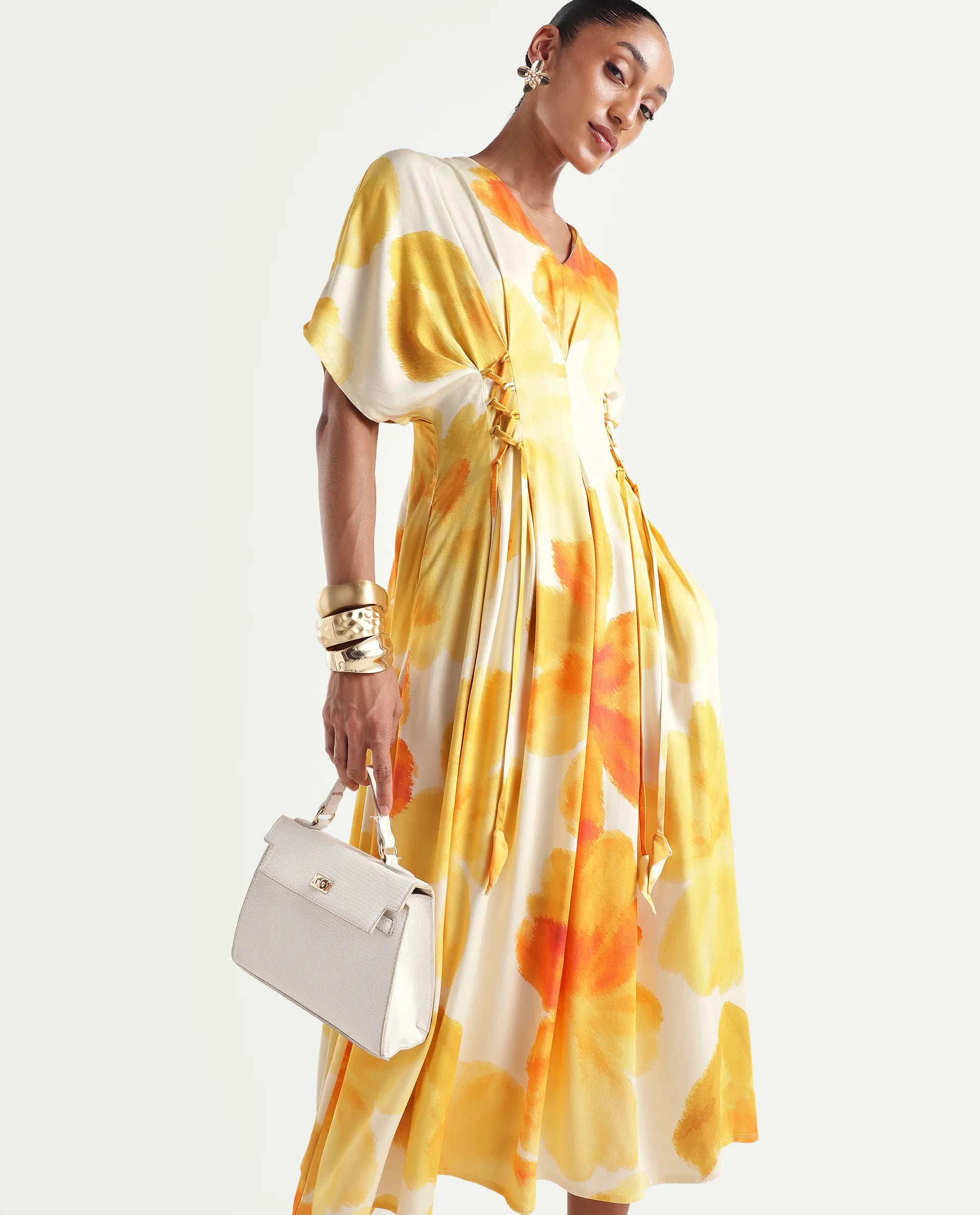 Rareism Women's Ruves Yellow Cotton Satin V-Neck Fit And Flare Floral Print Dress