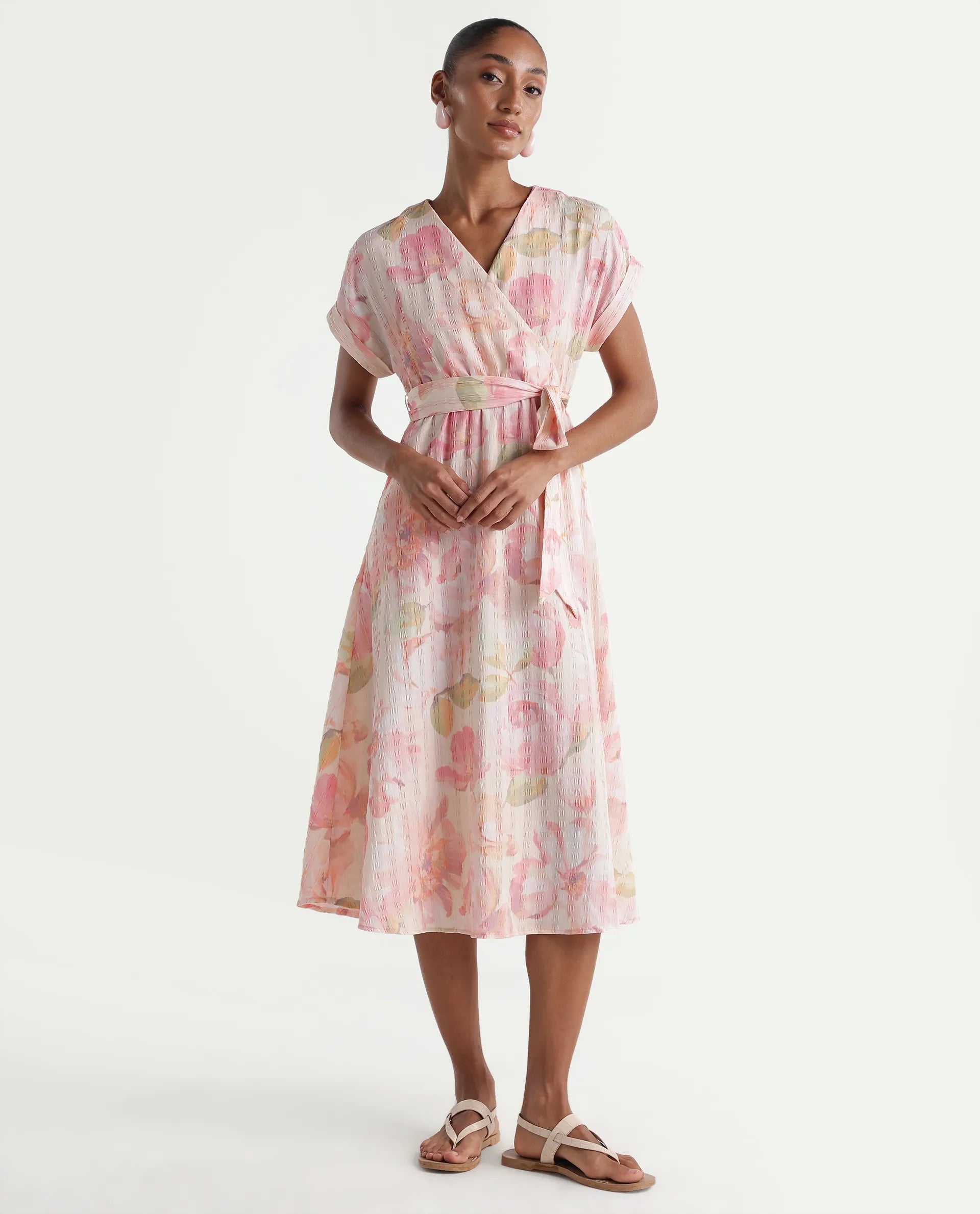 Rareism Women's Valno Light Multi Polyester Fabric Over Lap Flared Floral Print Dress
