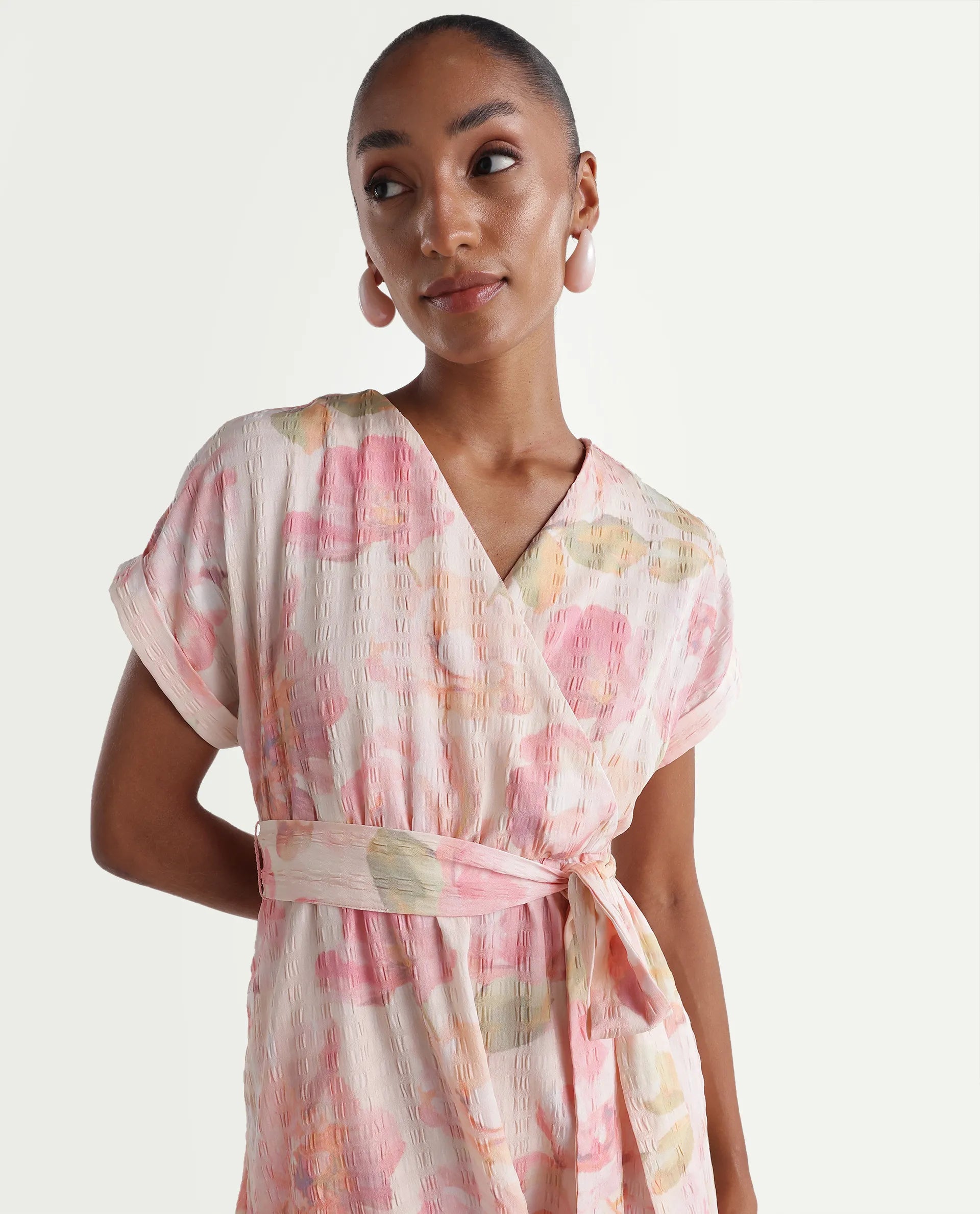 Rareism Women's Valno Light Multi Polyester Fabric Over Lap Flared Floral Print Dress