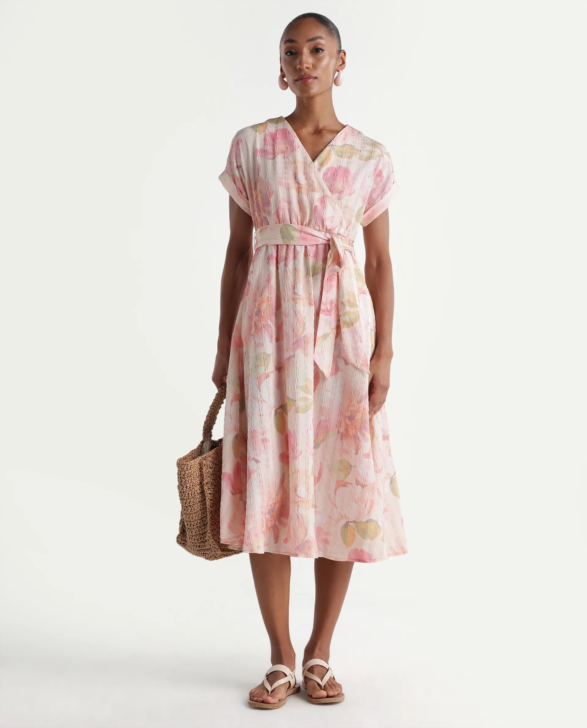 Rareism Women's Valno Light Multi Polyester Fabric Over Lap Flared Floral Print Dress