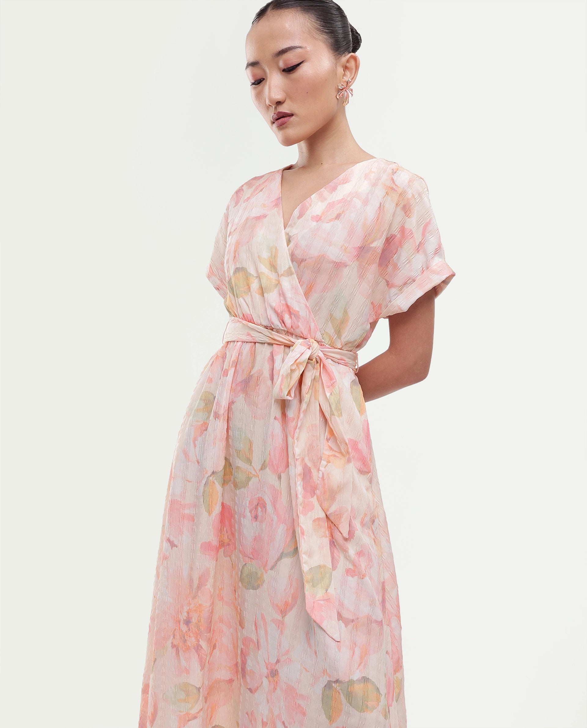 Rareism Women's Valno Light Multi Polyester Fabric Over Lap Flared Floral Print Dress