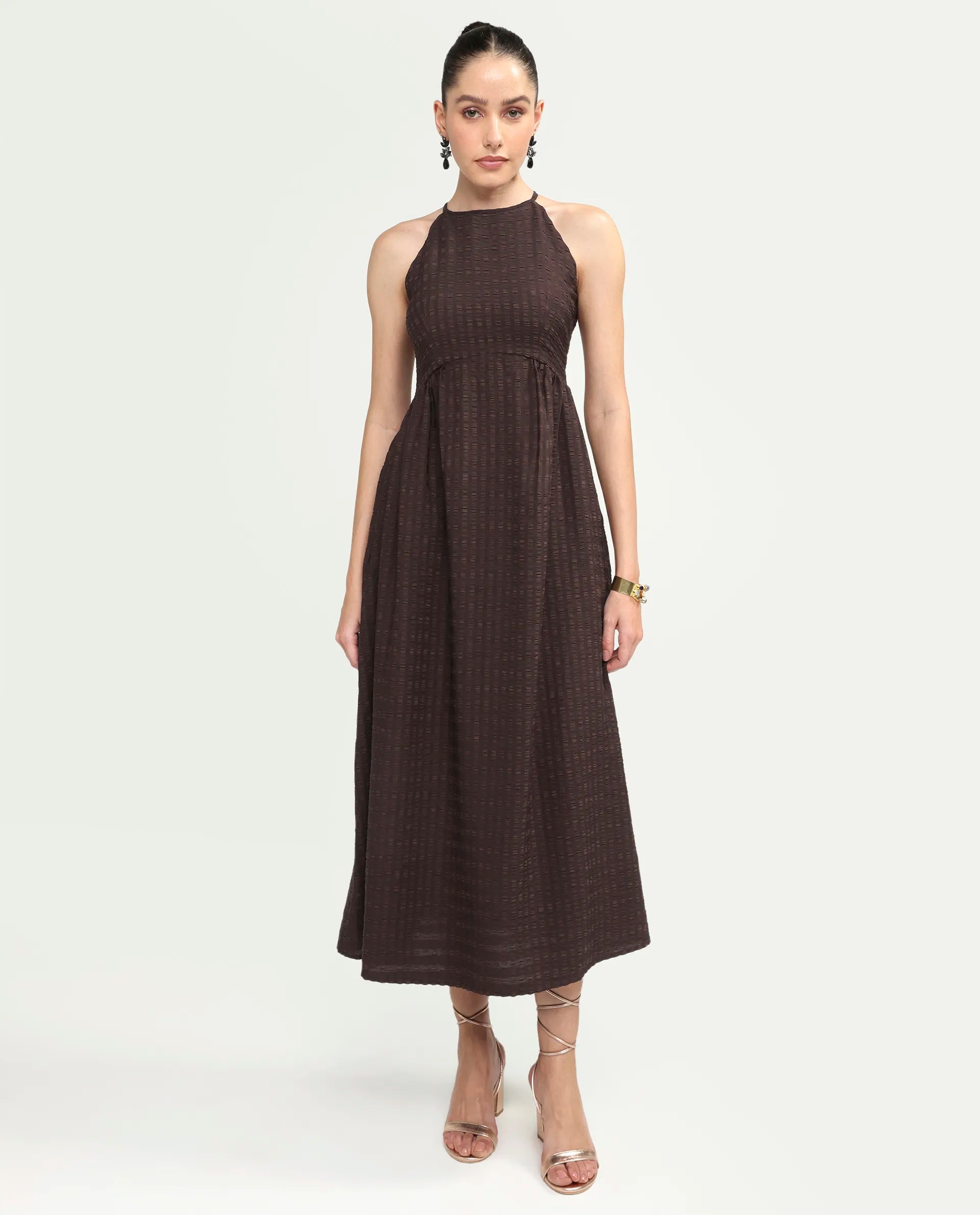 Rareism Women's Veant Brown Polyester Sleeveless Halter Neck Fit And Flare Plain Dress