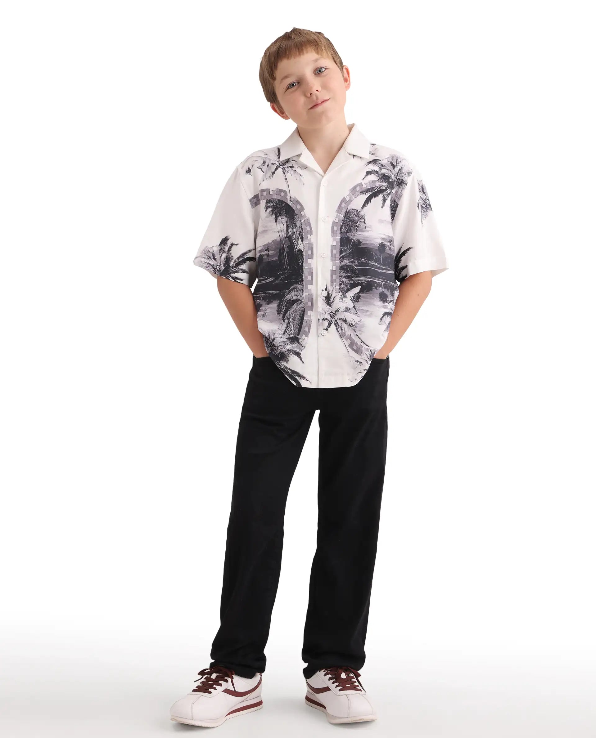 Rare Ones Kids Vacay White Cotton Blend Fabric Button Closure Boxy Fit Shirt