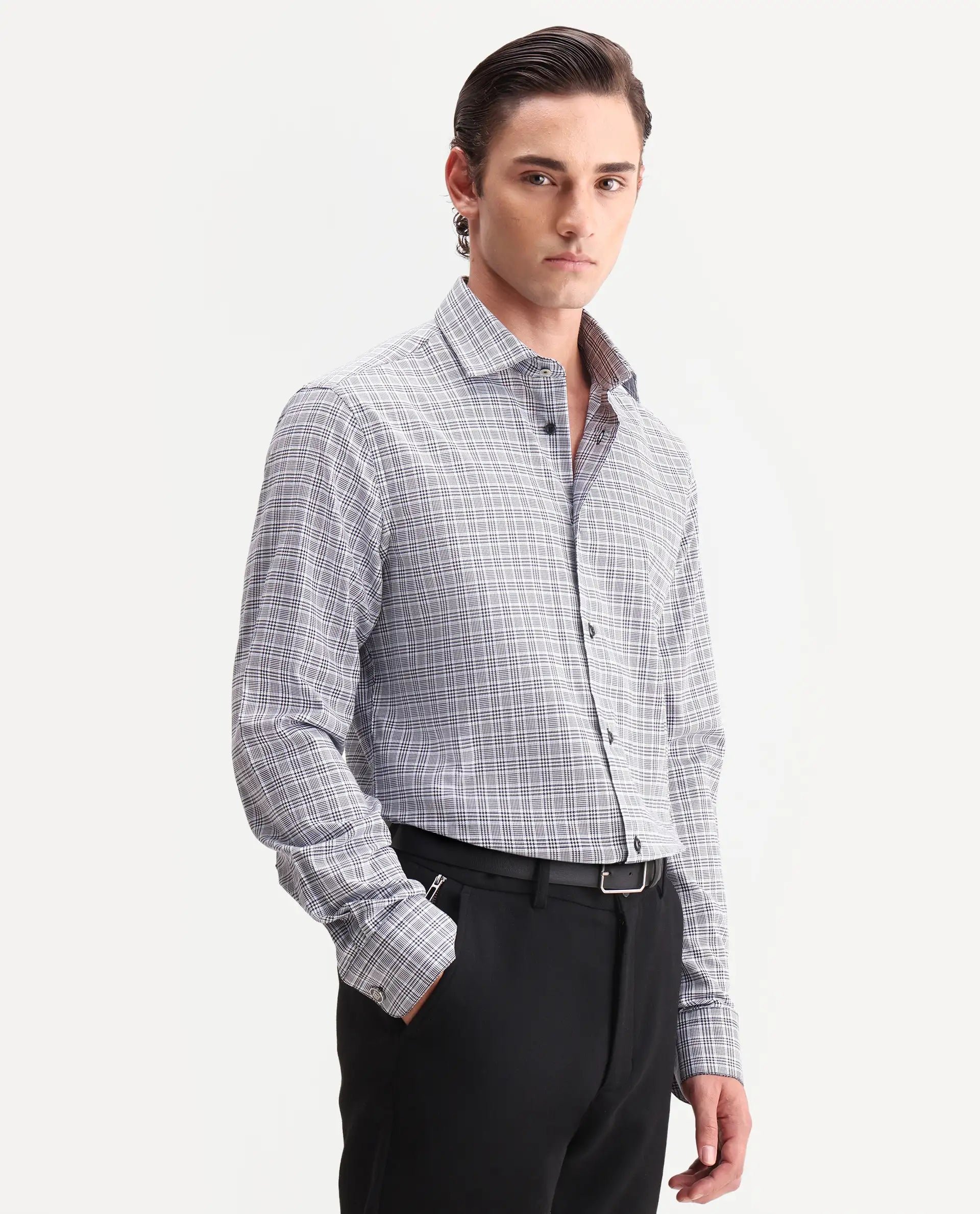 Rare Rabbit Men's Adel Navy Cotton Fabric Full Sleeve Spread Collar Button Regular Checked Shirt