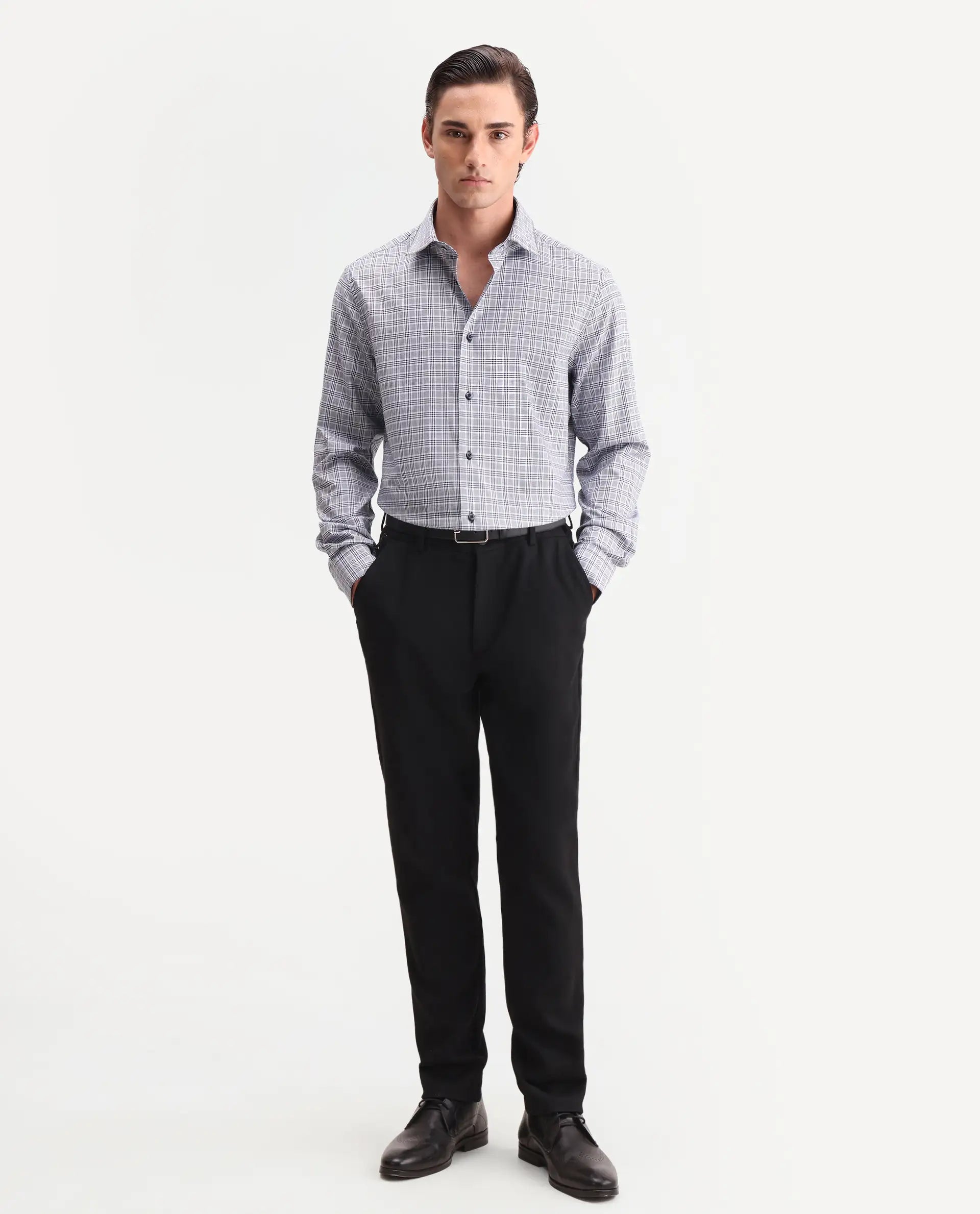 Rare Rabbit Men's Adel Navy Cotton Fabric Full Sleeve Spread Collar Button Regular Checked Shirt