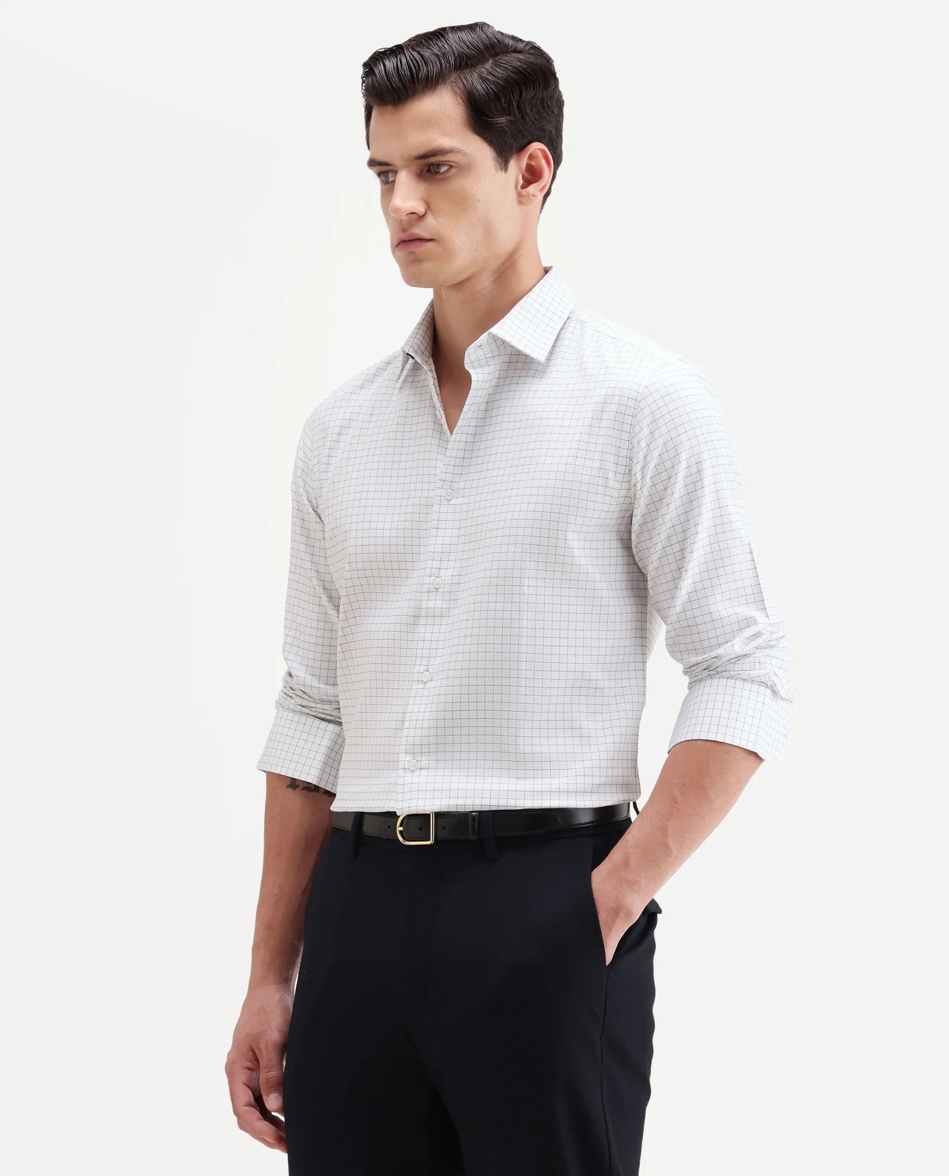 Rare Rabbit Men's Alic Light Navy Cotton Fabric Full Sleeve Spread Collar Regular Fit Checked Shirt