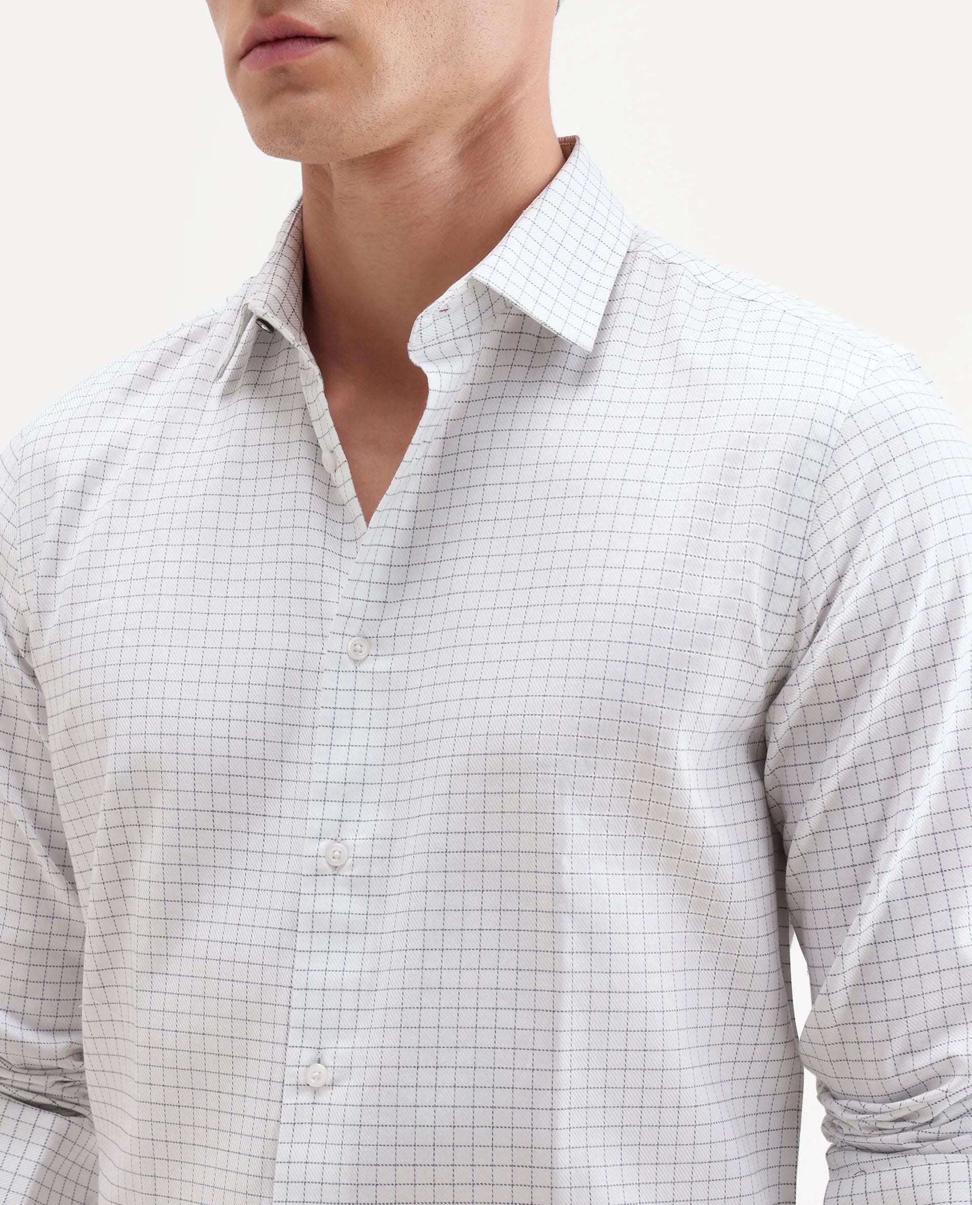 Rare Rabbit Men's Alic Light Navy Cotton Fabric Full Sleeve Spread Collar Regular Fit Checked Shirt