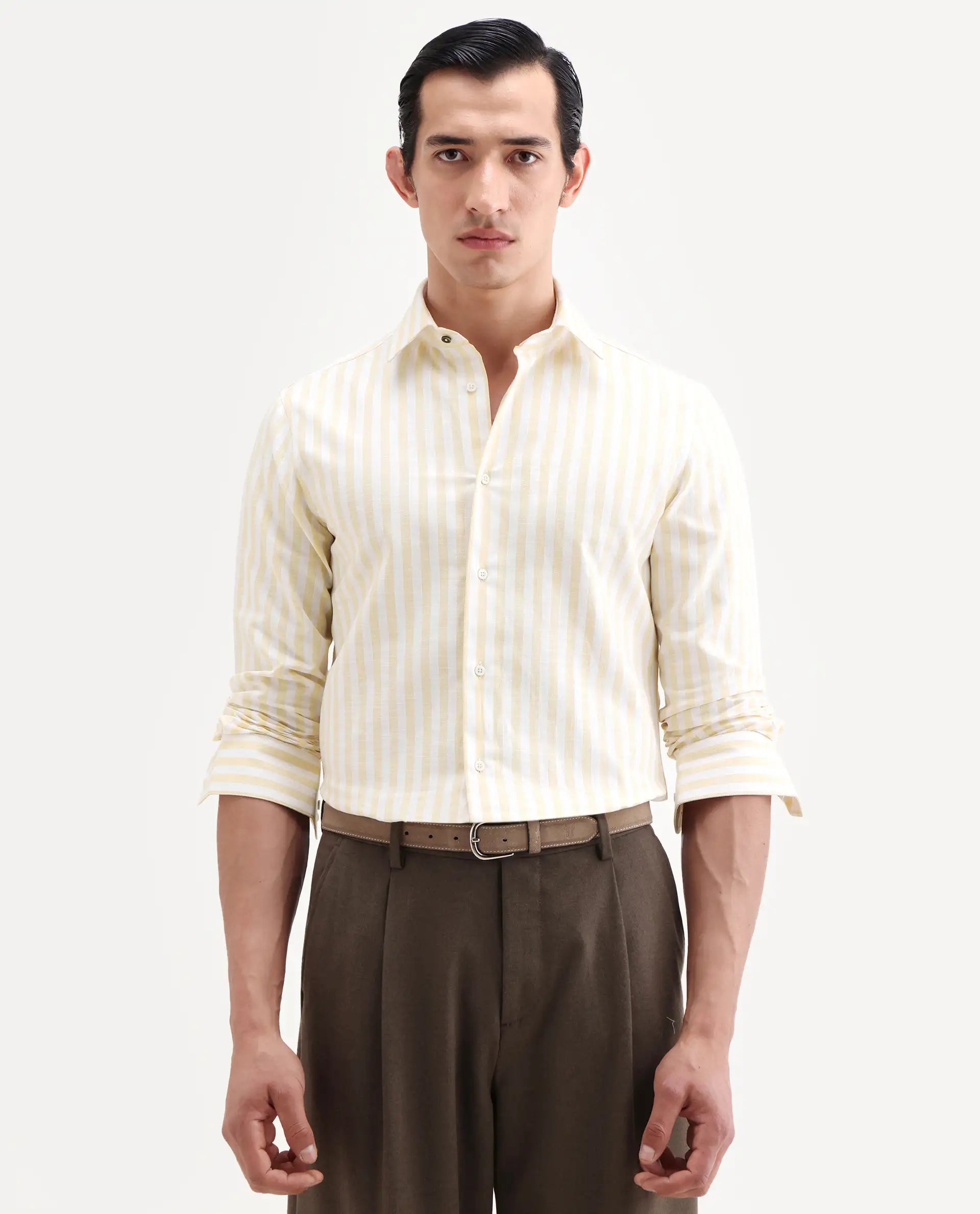 Rare Rabbit Men's Bario Yellow Linen Blend Fabric Full Sleeve Spread Collar Regular Striped Shirt