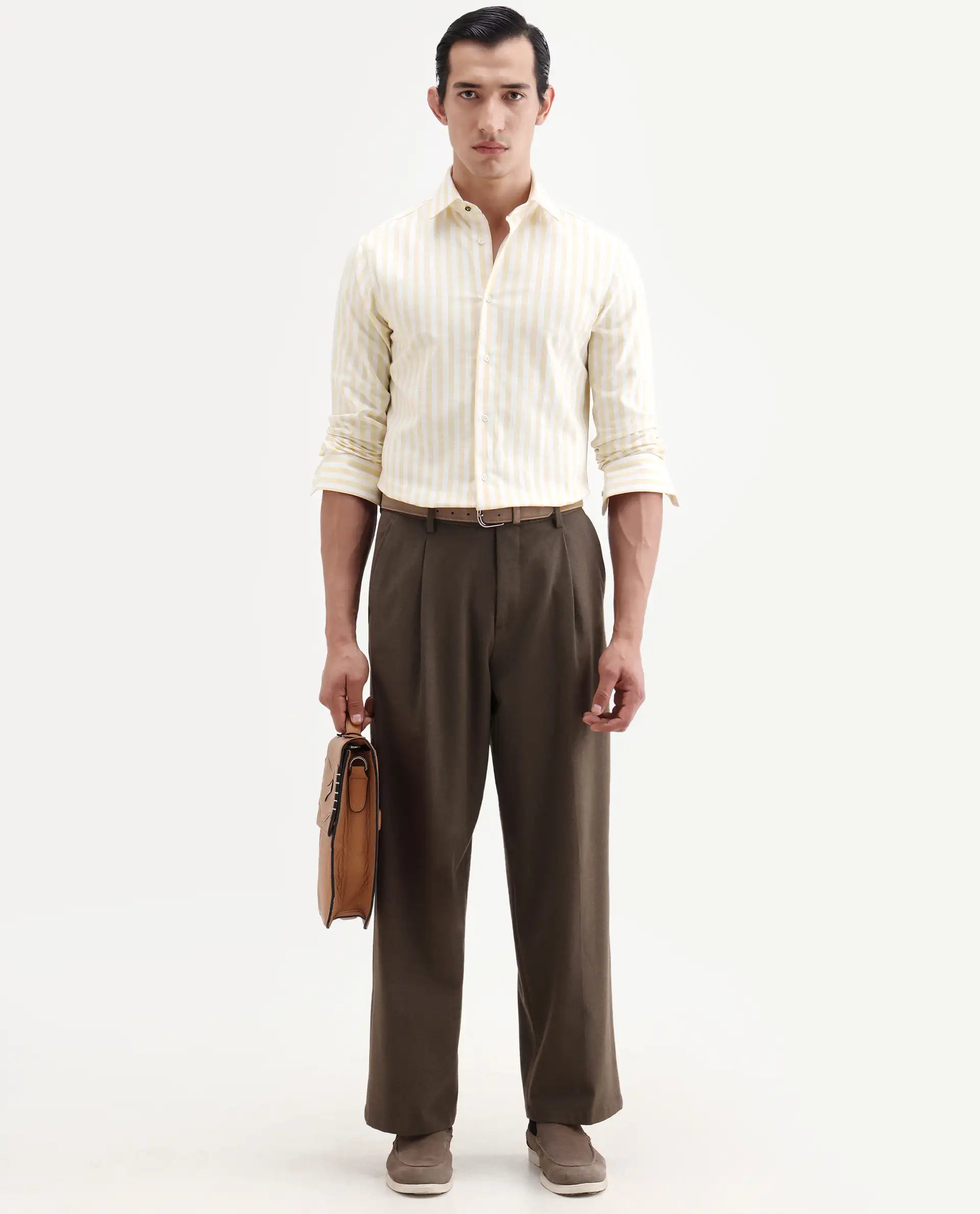 Rare Rabbit Men's Bario Yellow Linen Blend Fabric Full Sleeve Spread Collar Regular Striped Shirt