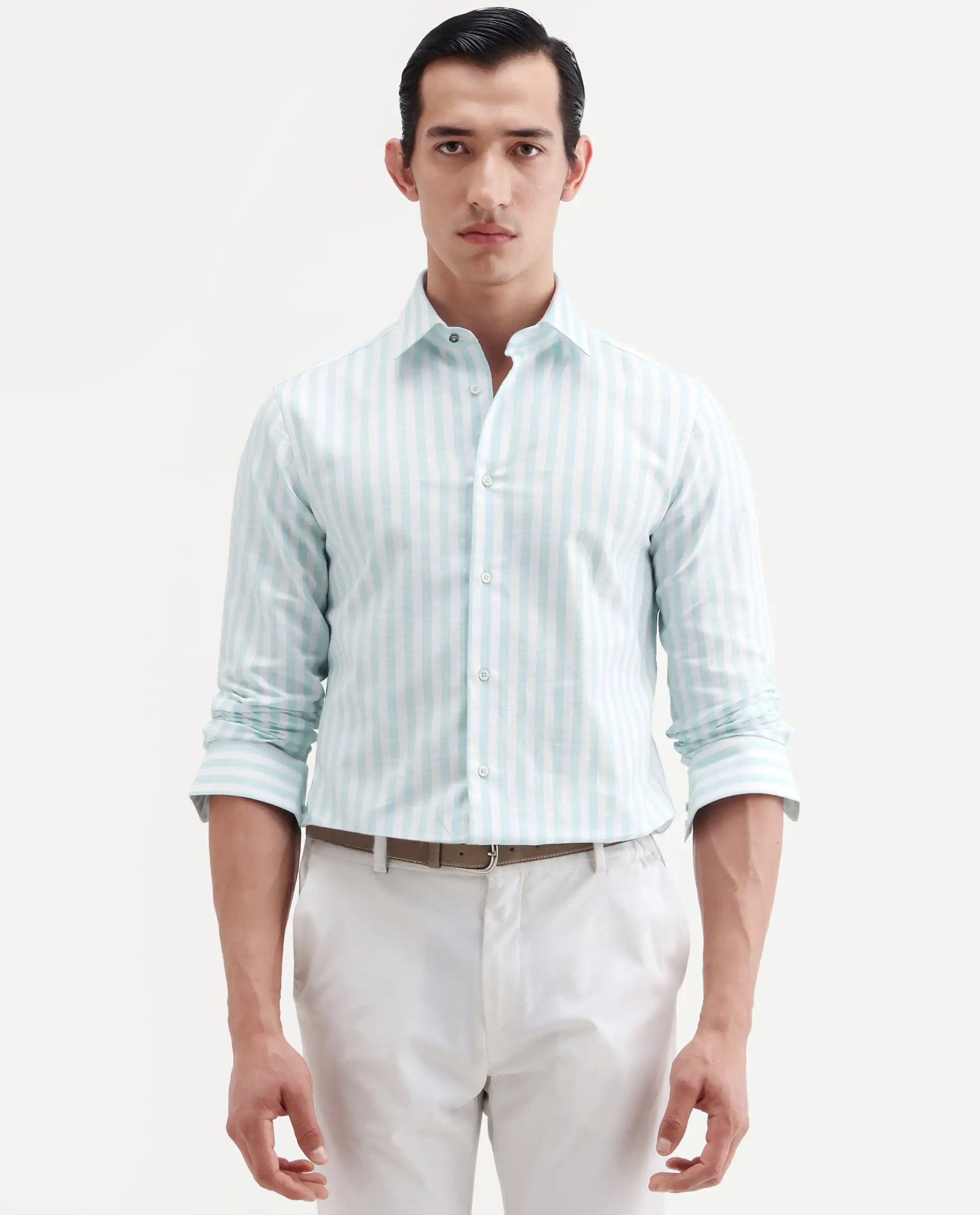 Rare Rabbit Men's Bario Green Linen Blend Fabric Full Sleeve Spread Collar Regular Striped Shirt