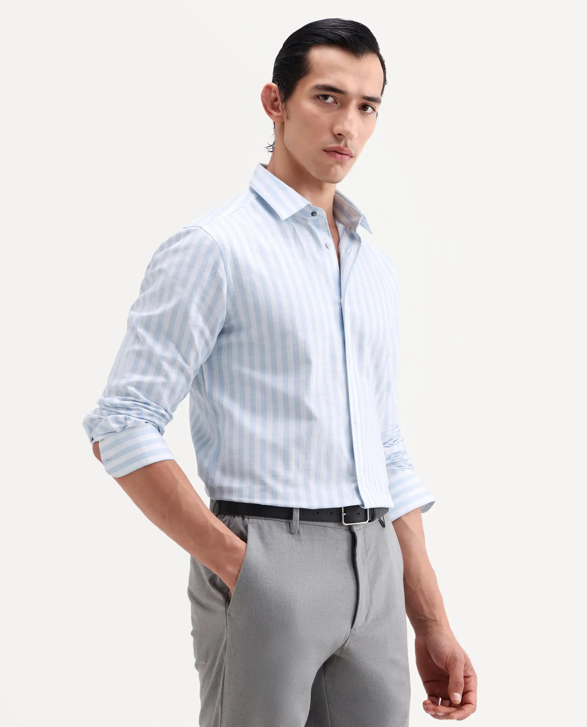 Rare Rabbit Men's Bario Blue Linen Blend Fabric Full Sleeve Spread Collar Regular Striped Shirt