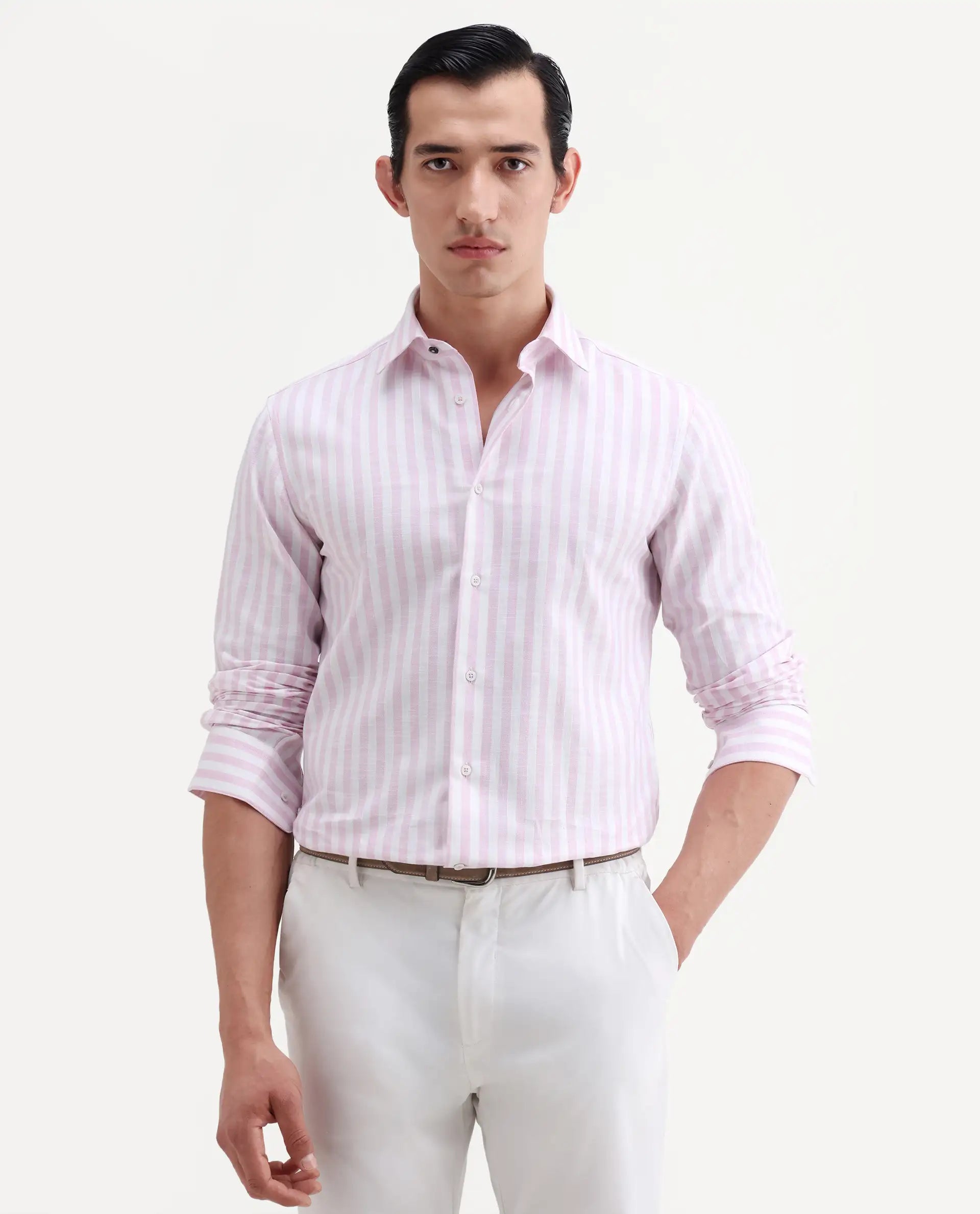 Rare Rabbit Men's Bario Pink Linen Blend Fabric Full Sleeve Spread Collar Regular Striped Shirt