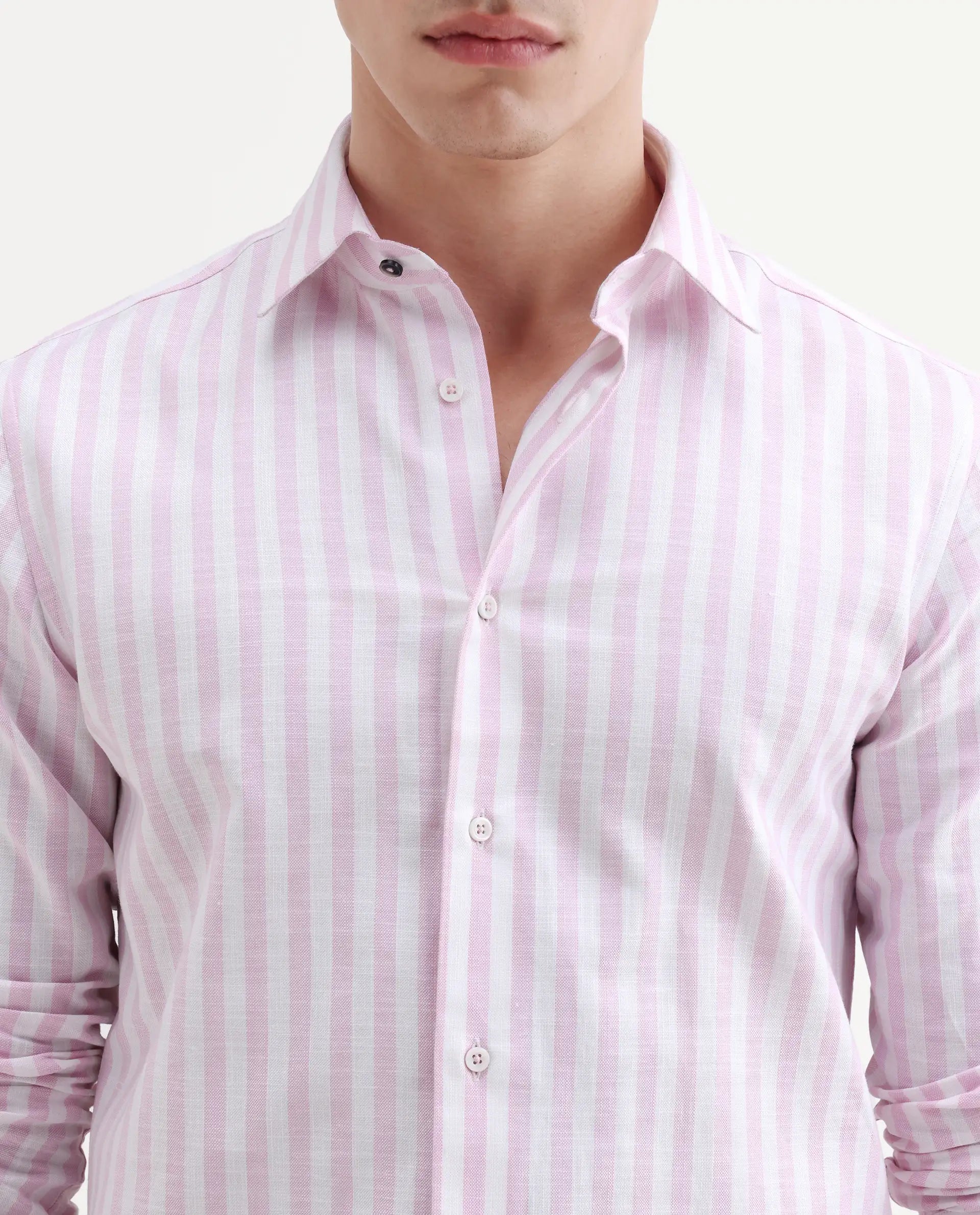 Rare Rabbit Men's Bario Pink Linen Blend Fabric Full Sleeve Spread Collar Regular Striped Shirt