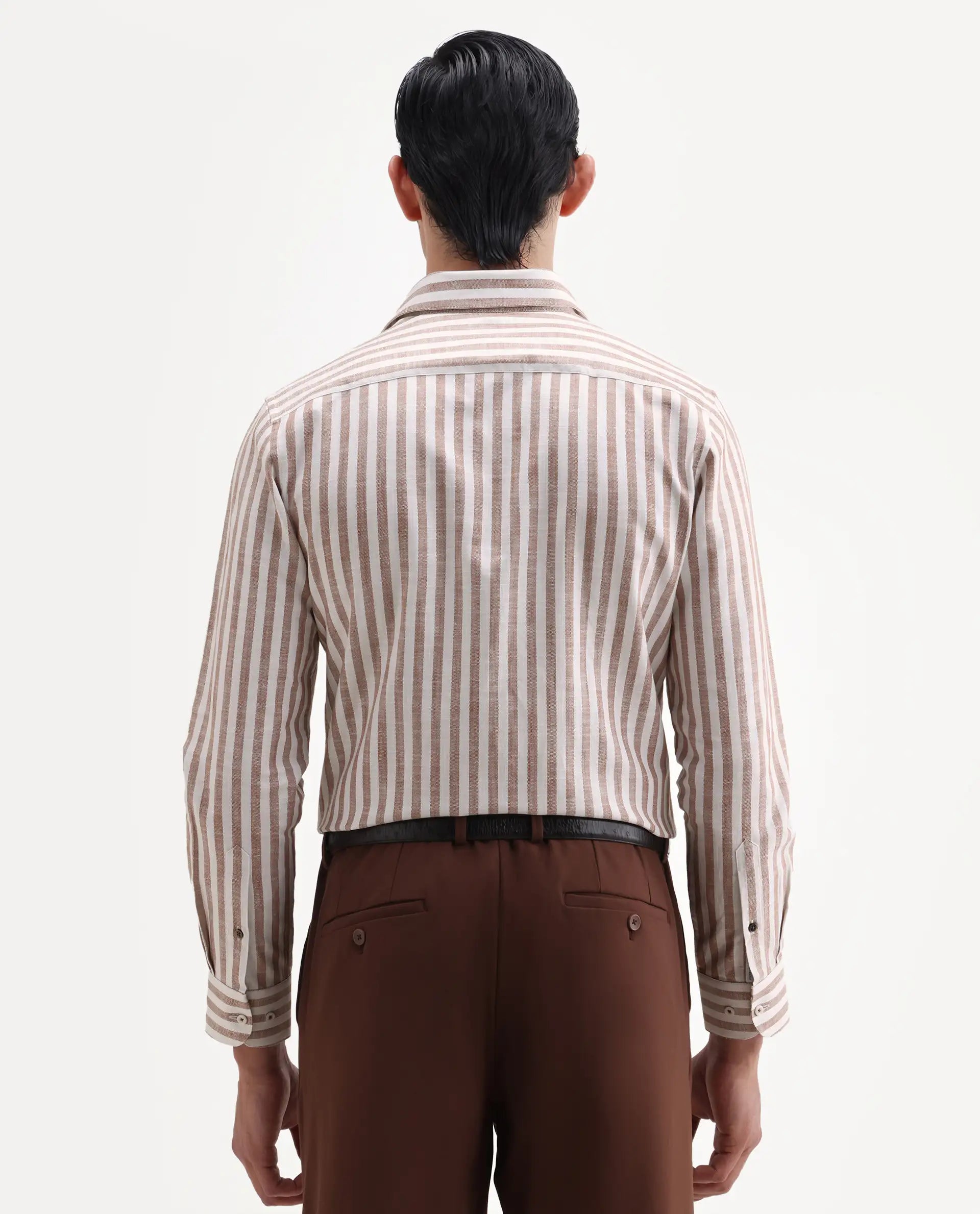 Rare Rabbit Men's Bario Brown Linen Blend Fabric Full Sleeve Spread Collar Regular Striped Shirt