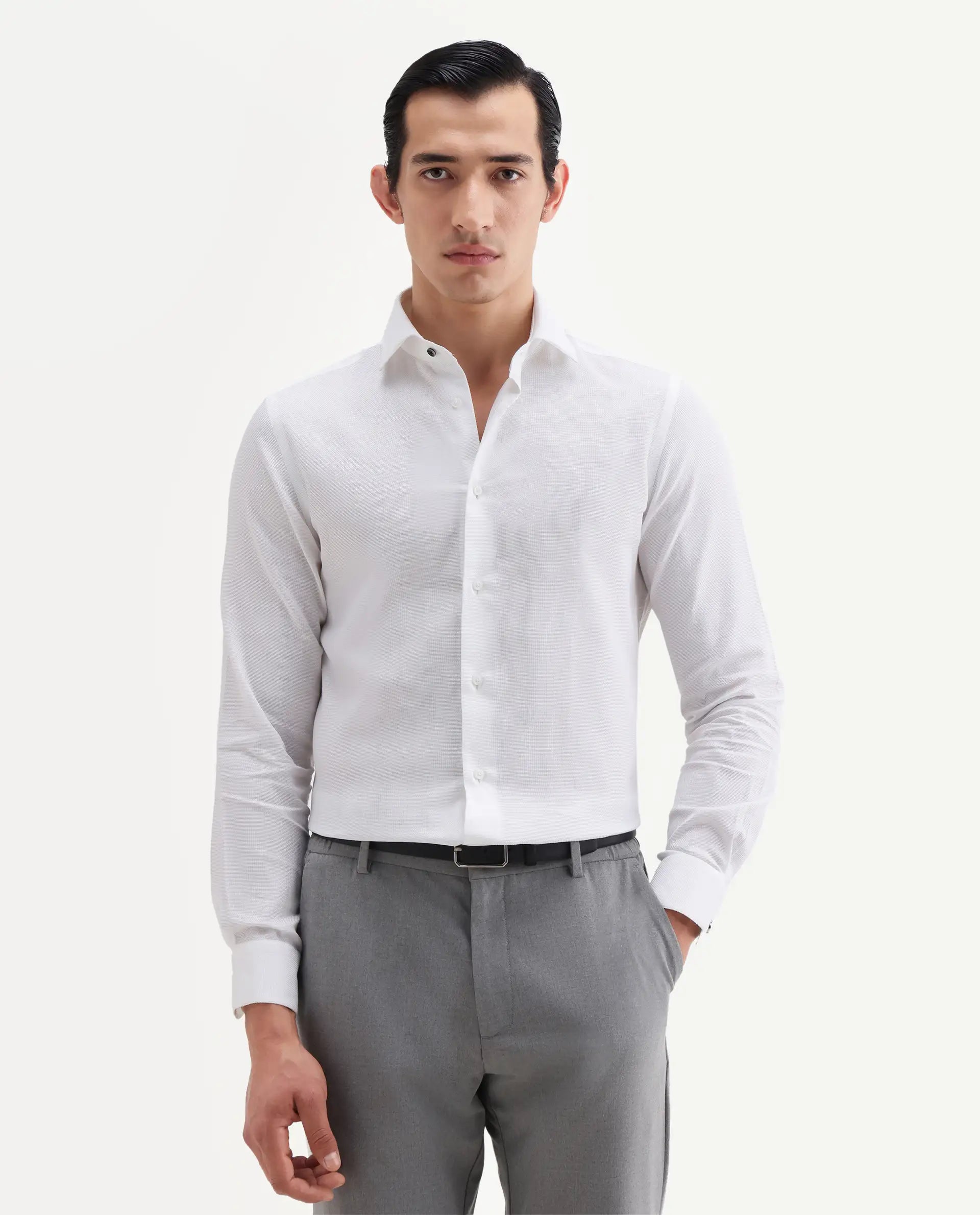 Rare Rabbit Men's Ovia White Cotton Fabric Full Sleeve Spread Collar Regular Plain Shirt