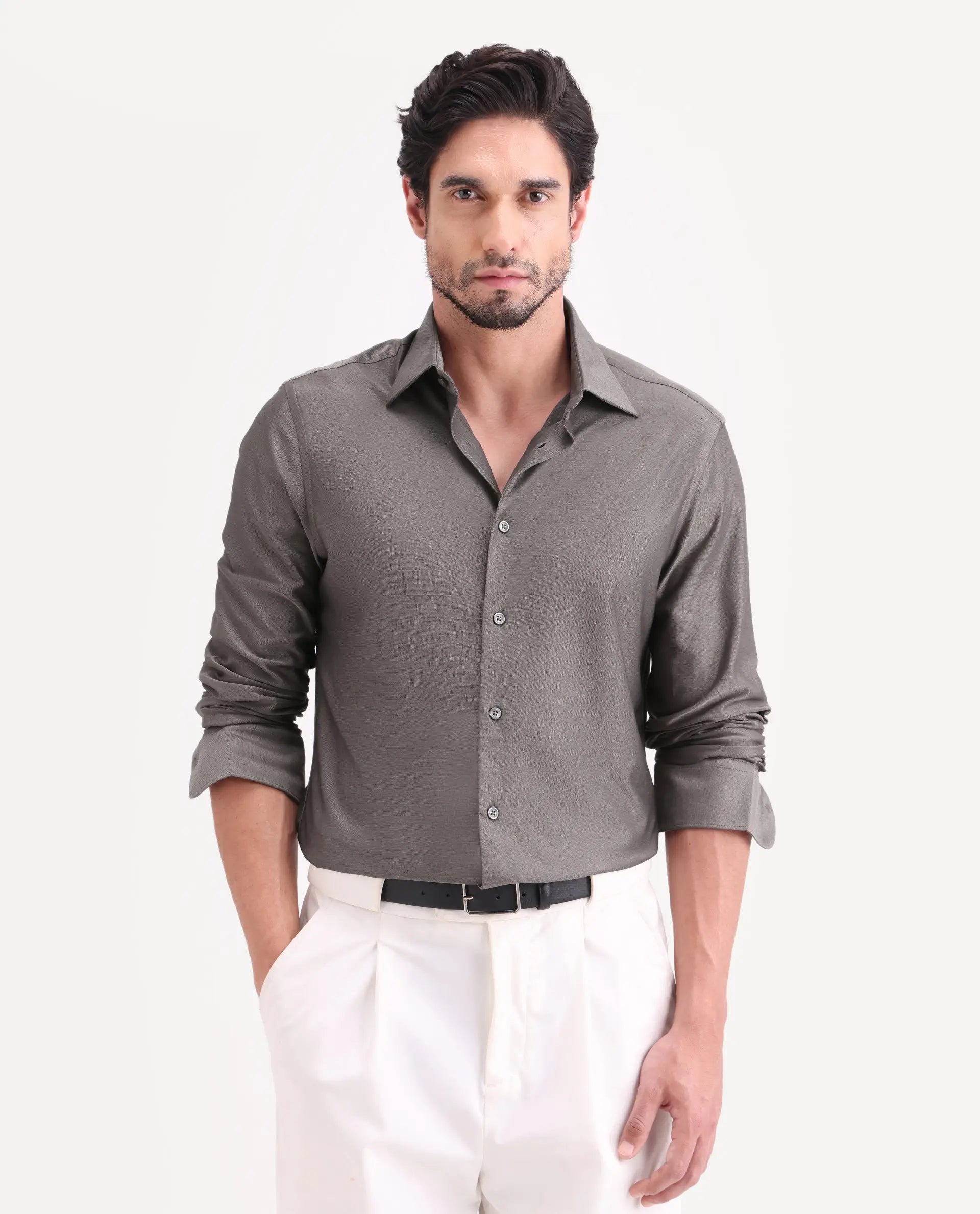 Rare Rabbit Men's Bogi Dusky Brown Cotton Blend Full Sleeve Spread Collar Regular Fit Plain Shirt