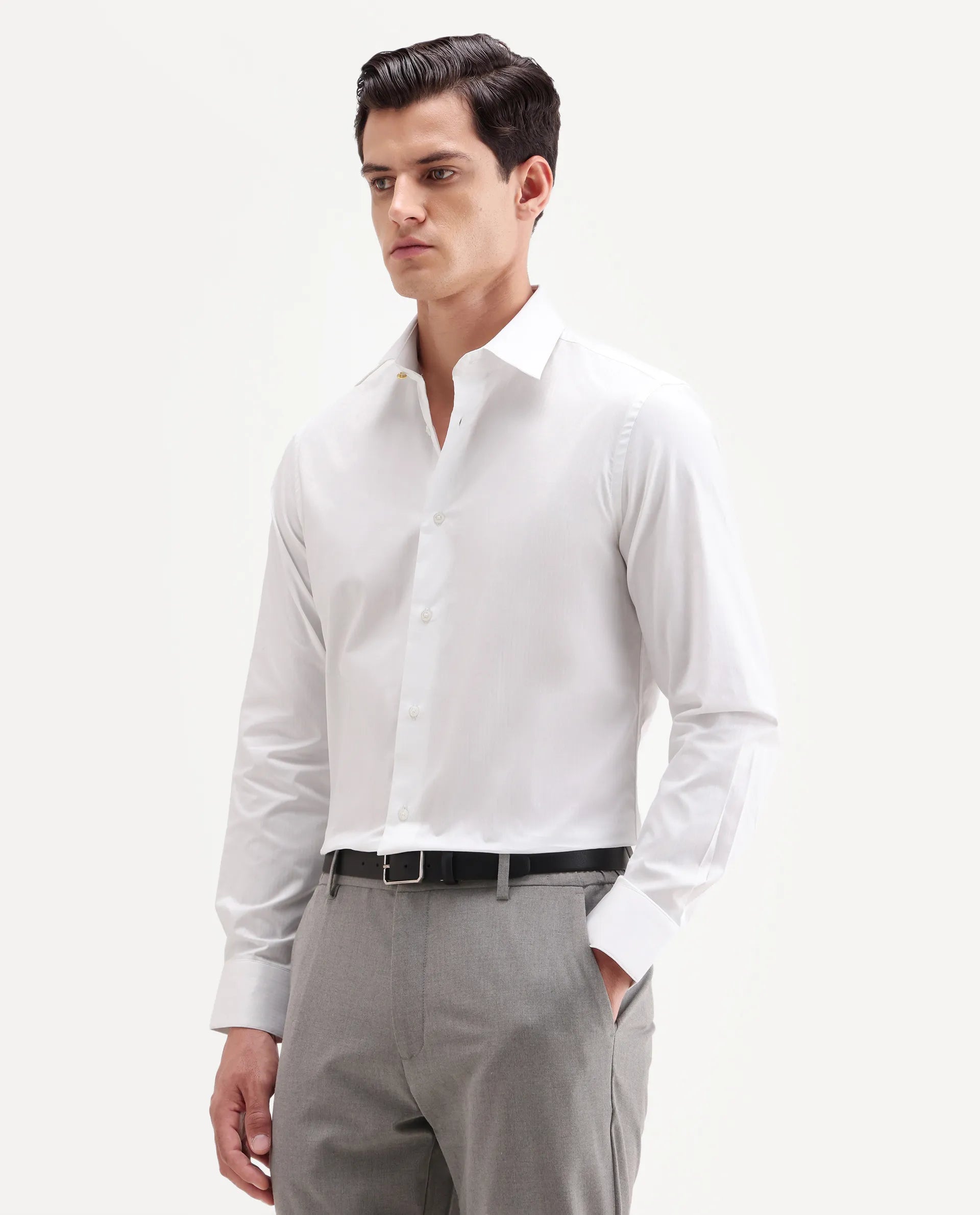 Rare Rabbit Men's Brisc-26 White Cotton Fabric Full Sleeve Spread Collar Button Regular Plain Shirt