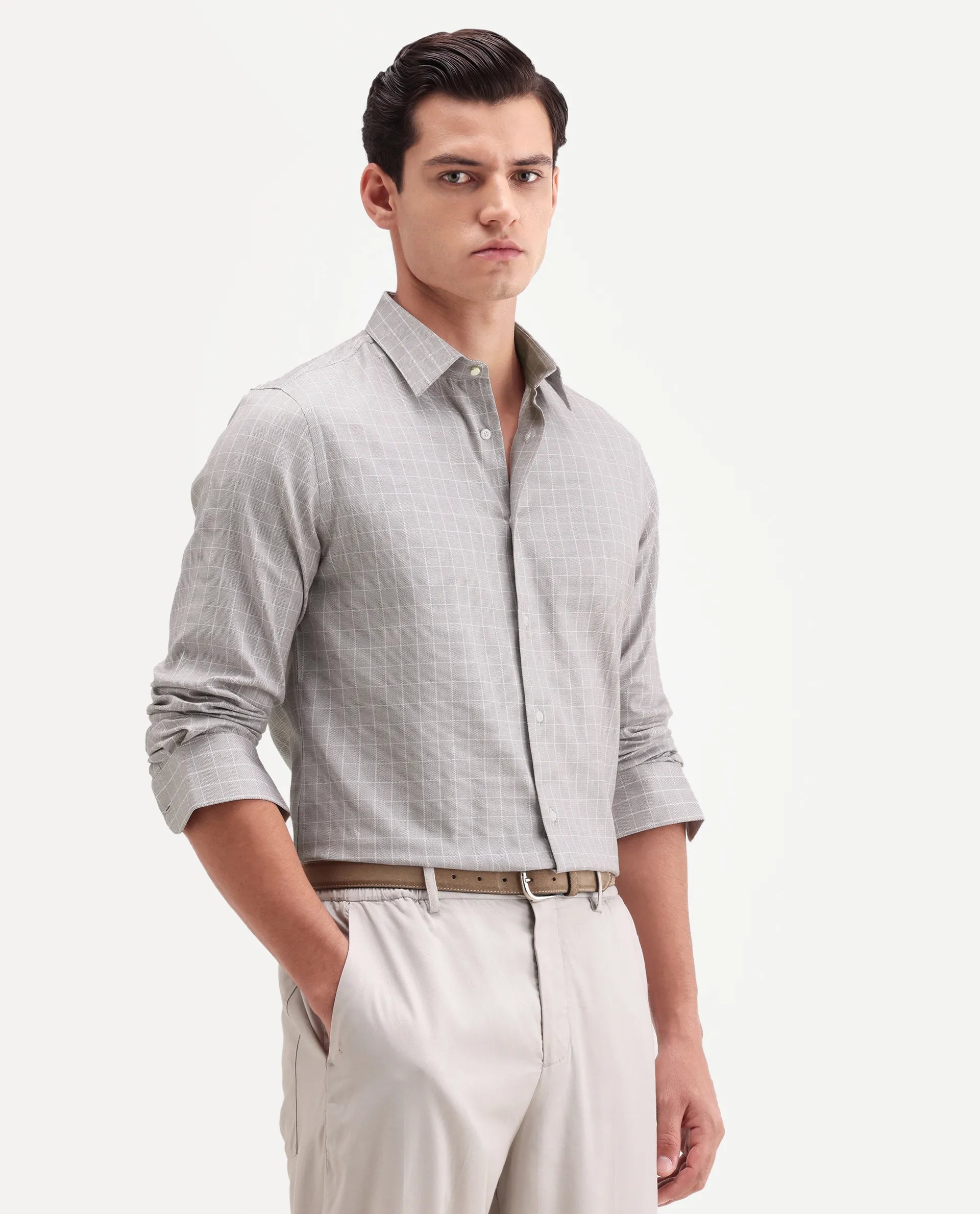 Rare Rabbit Men's Caler Light Grey Cotton Full Sleeve Spread Collar Regular Fit Checked Shirt