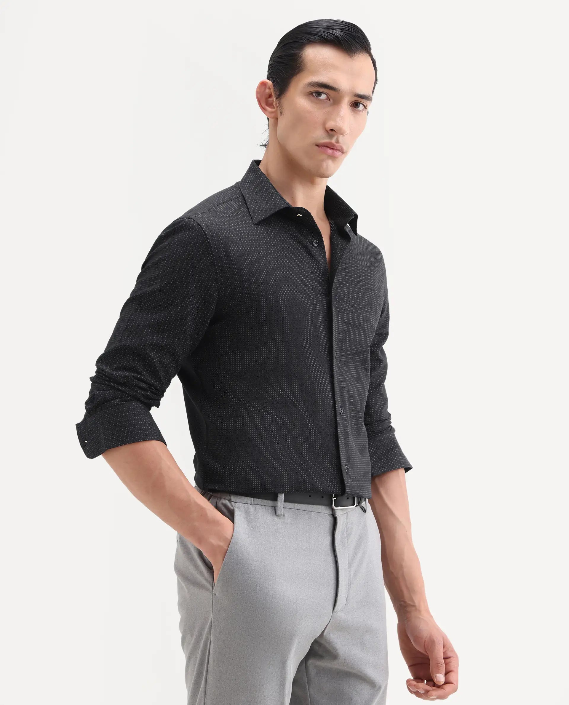 Rare Rabbit Men's Clor-26 Black Cotton Fabric Full Sleeve Spread Collar Button Regular Plain Shirt