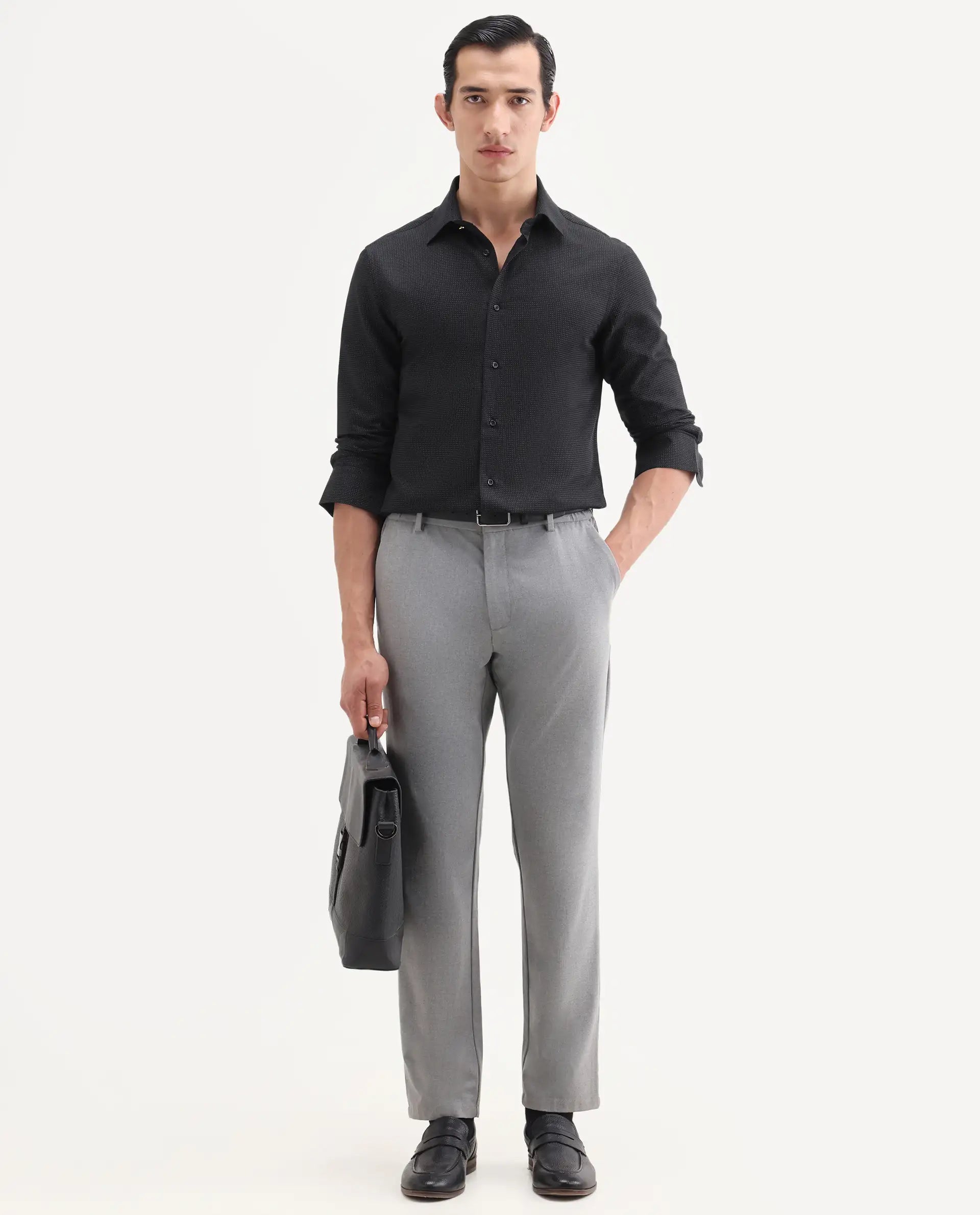 Rare Rabbit Men's Clor-26 Black Cotton Fabric Full Sleeve Spread Collar Button Regular Plain Shirt