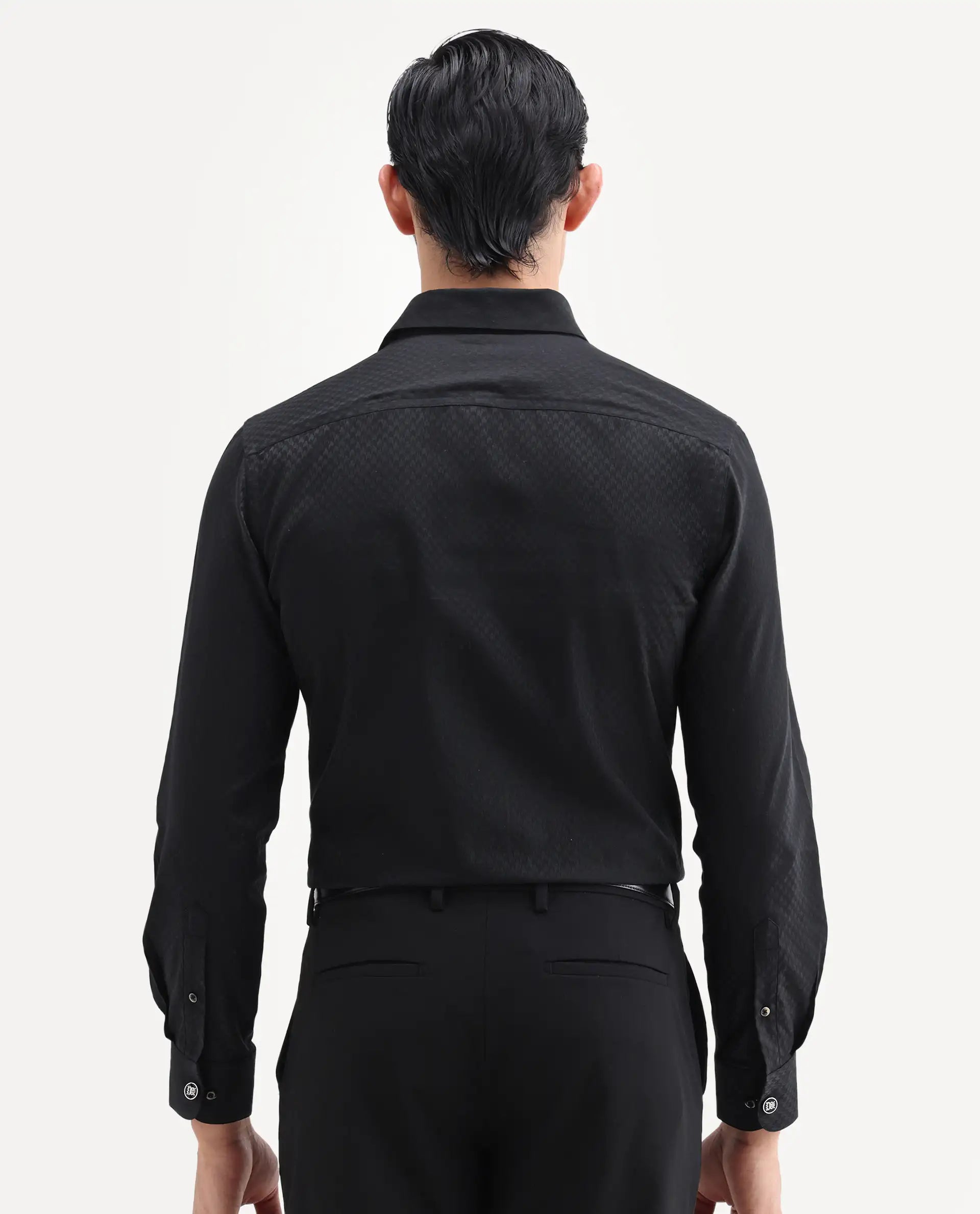 Rare Rabbit Men's Dunde Black Cotton Full Sleeve Spread Collar Regular Fit Jacquard Shirt