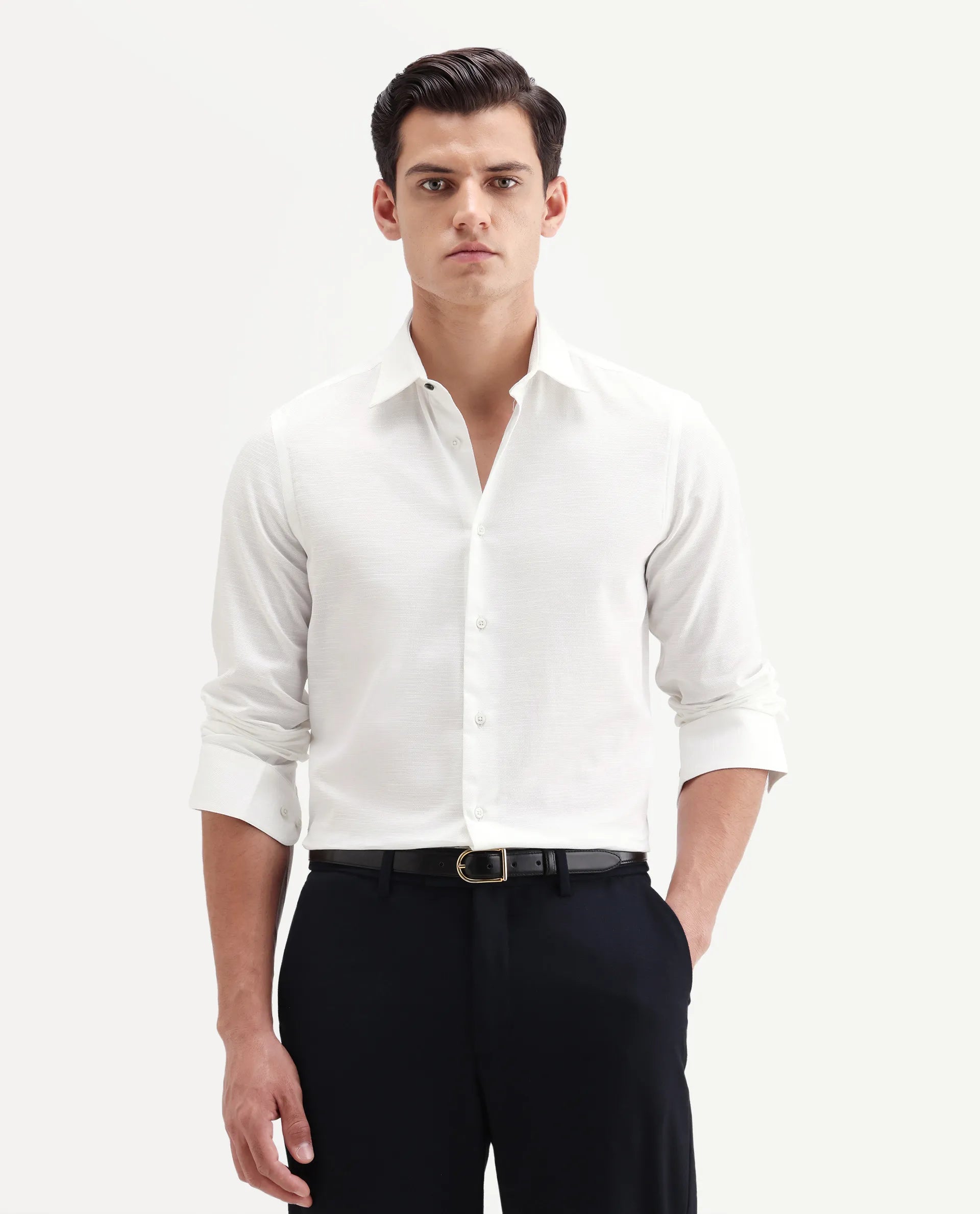 Rare Rabbit Men's Filo White Cotton Full Sleeve Spread Collar Regular Fit Plain Shirt