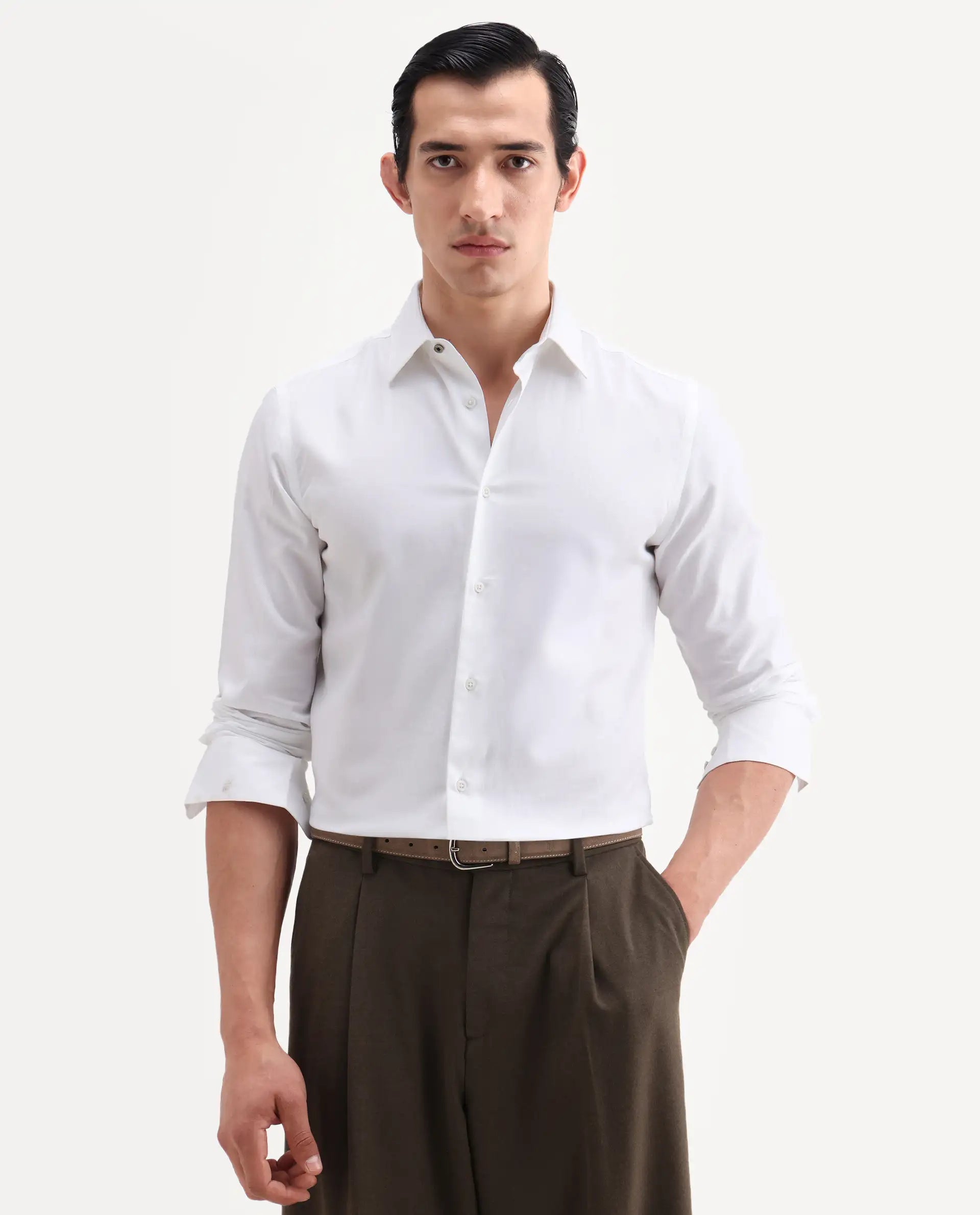 Rare Rabbit Men's Giro White Cotton Full Sleeve Spread Collar Regular Fit Plain Shirt