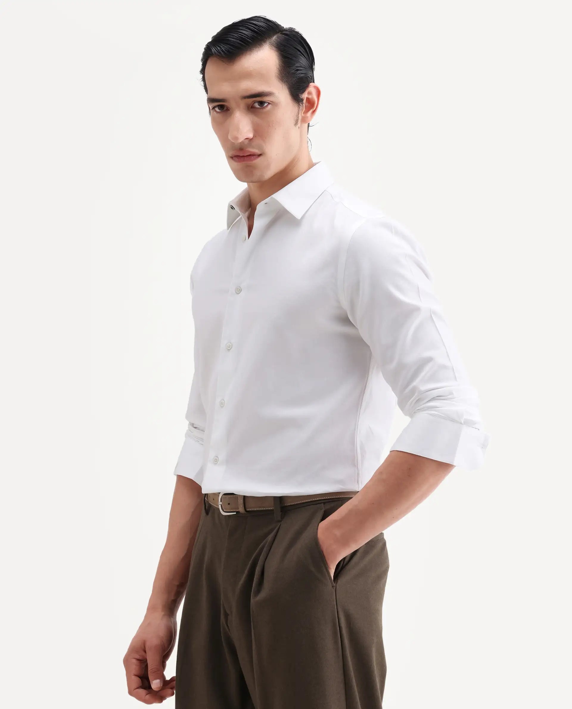 Rare Rabbit Men's Giro White Cotton Full Sleeve Spread Collar Regular Fit Plain Shirt