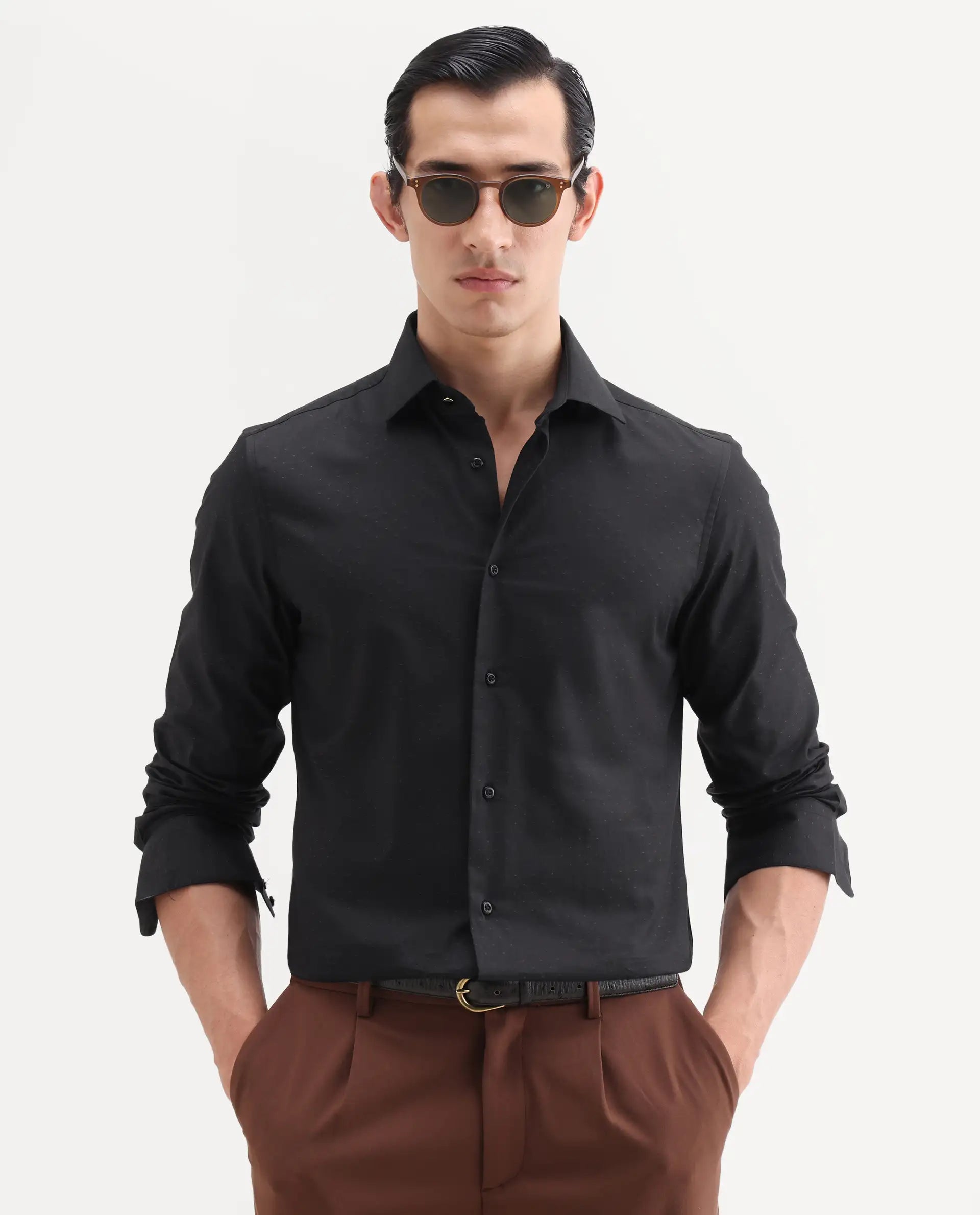 Rare Rabbit Men's Glent Black Cotton Full Sleeve Spread Collar Regular Fit Jacquard Shirt
